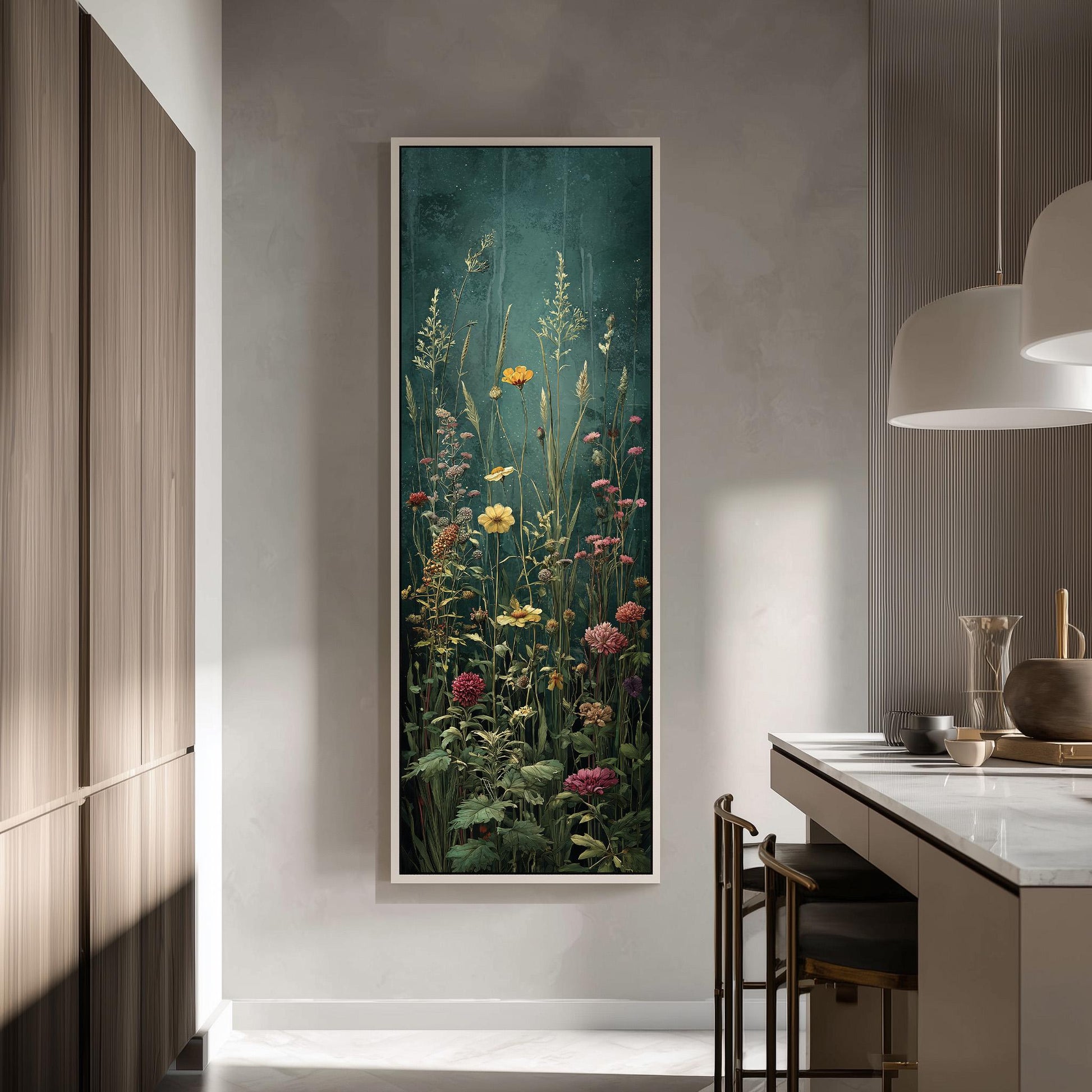 a large framed painting of a vibrant floral scene hanging on a wall in a modern kitchen.