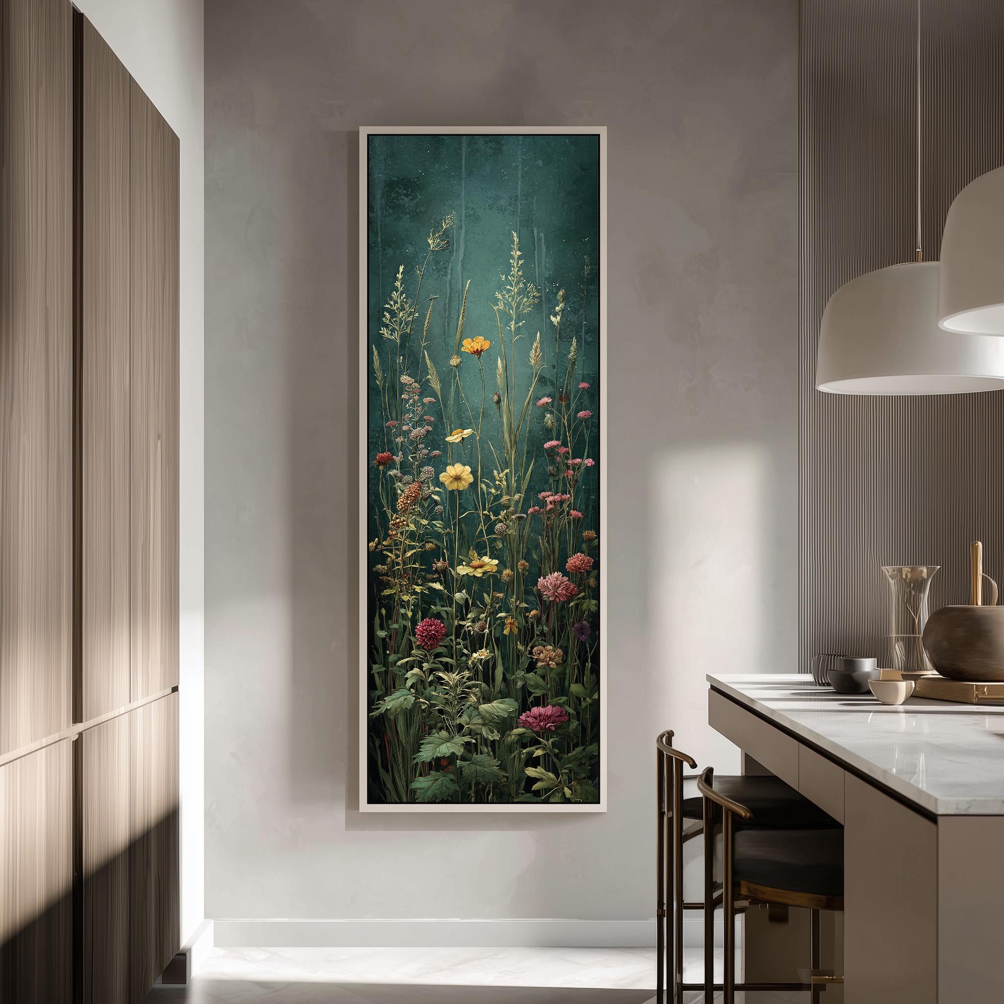 a large framed painting of a vibrant floral scene hanging on a wall in a modern kitchen.
