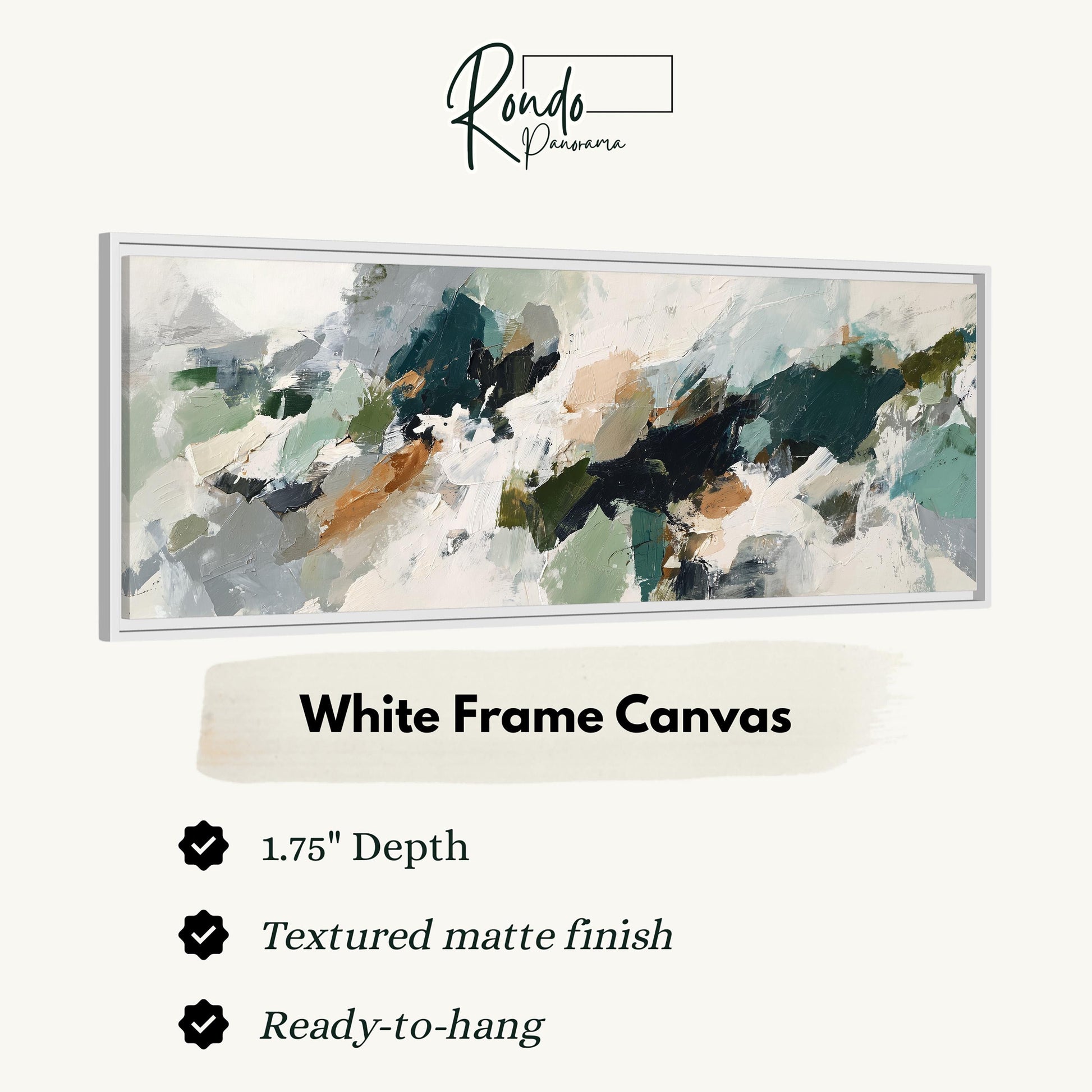 The image is a product advertisement for a white frame canvas. It features a large abstract painting with a white frame, and provides details about the product, including its dimensions, finish, and hanging capabilities.