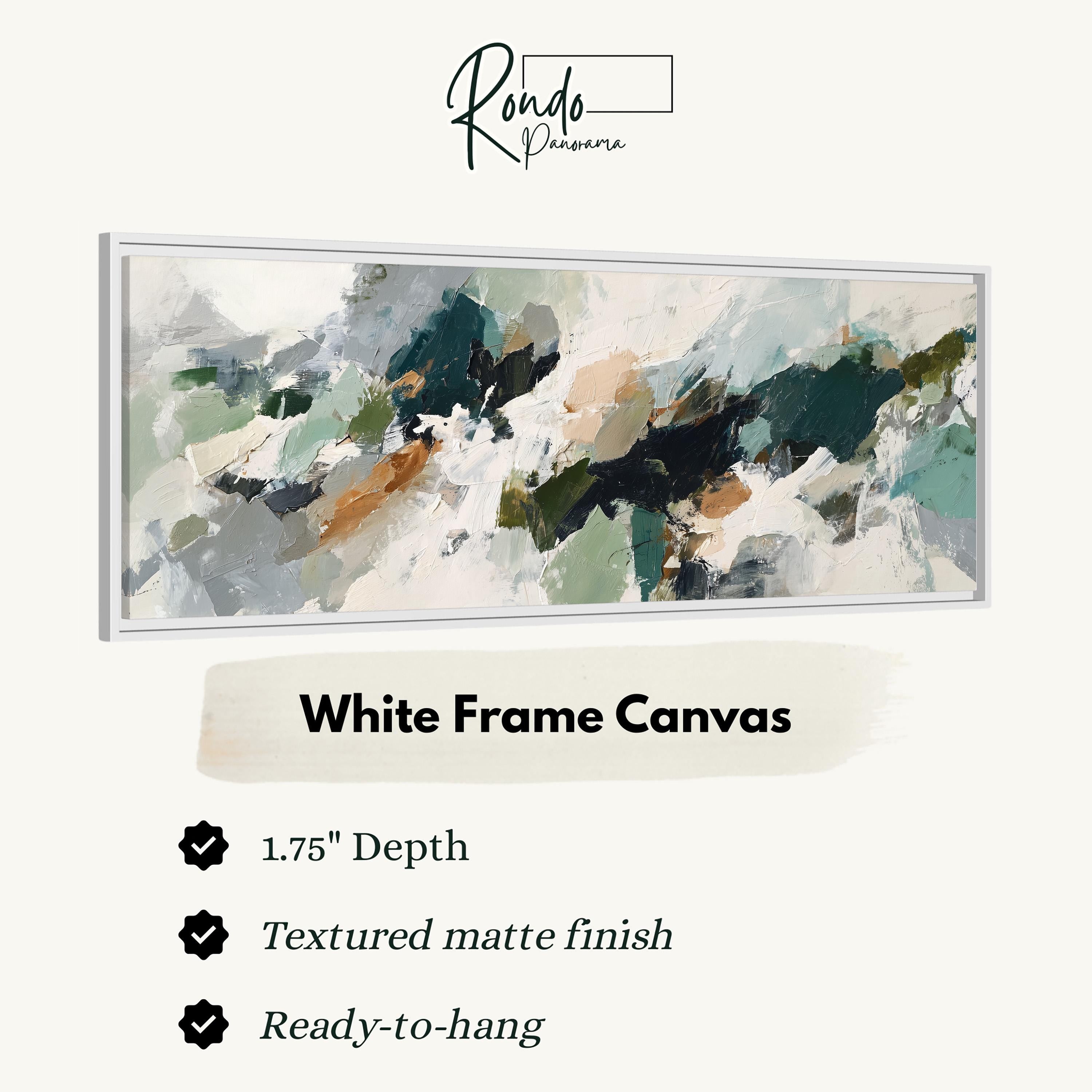 The image is a product advertisement for a white frame canvas. It features a large abstract painting with a white frame, and provides details about the product, including its dimensions, finish, and hanging capabilities.