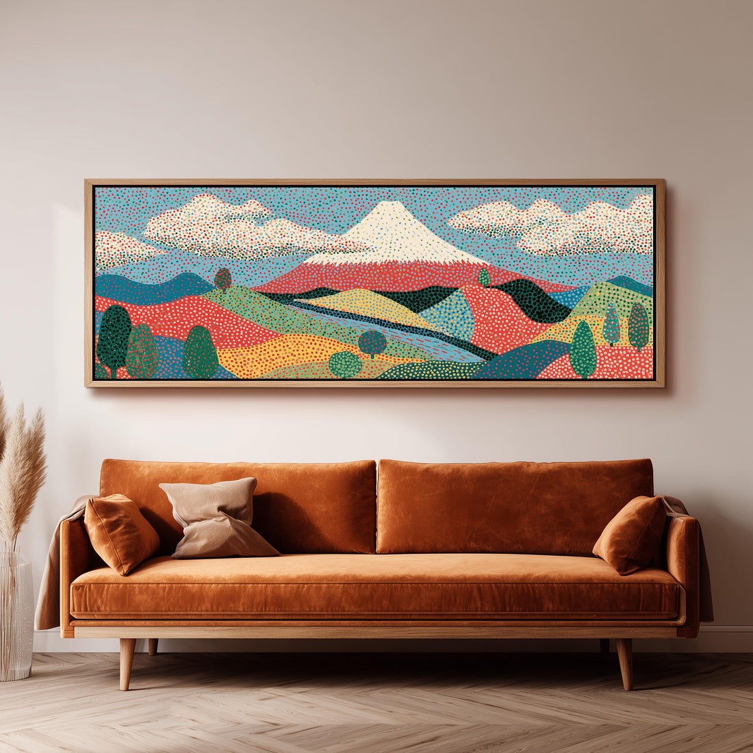 Mount Fuji above colorful hills long horizontal canvas print above a sofa in a living room