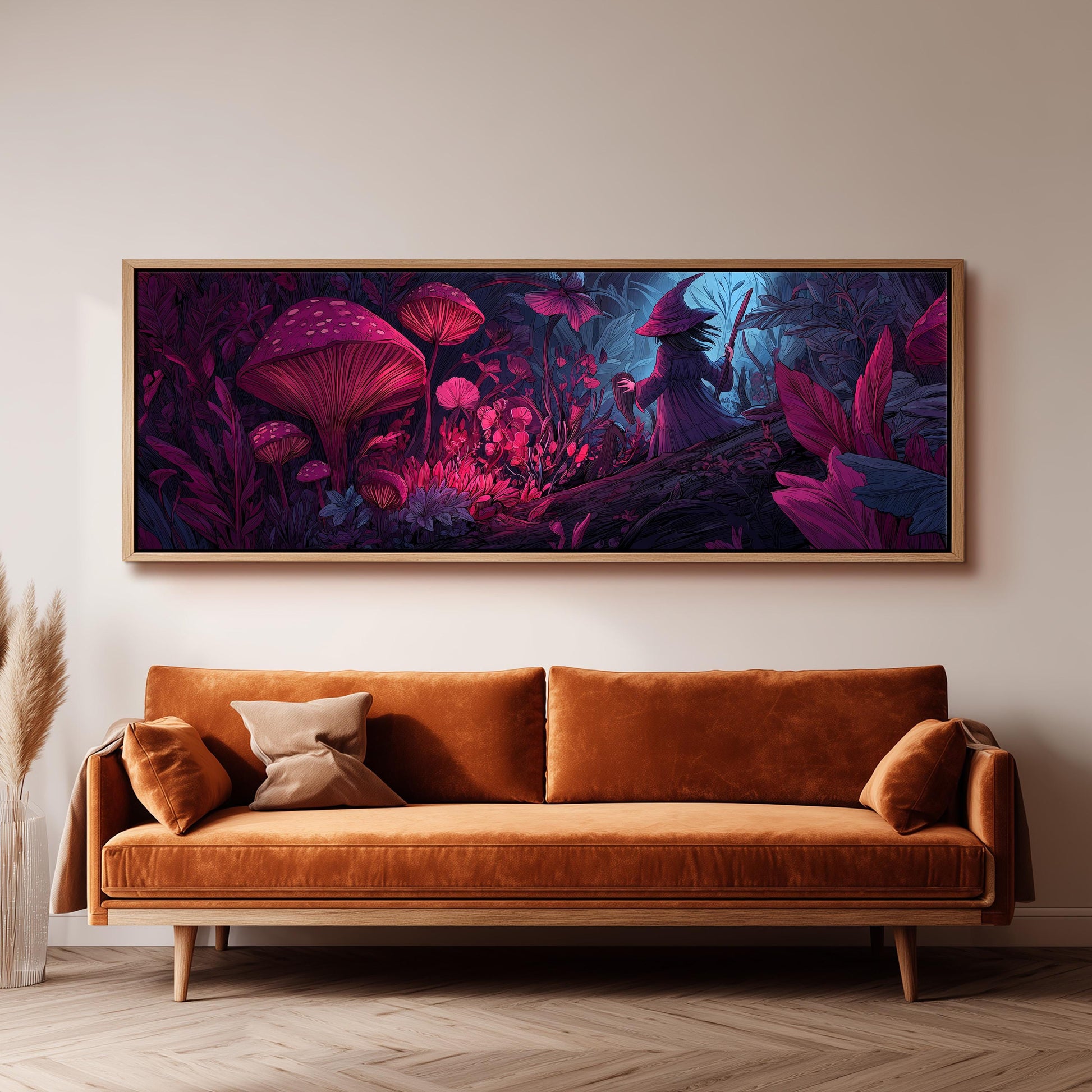 a large, vibrant painting of a fantastical forest scene hanging on a wall above a brown sofa.