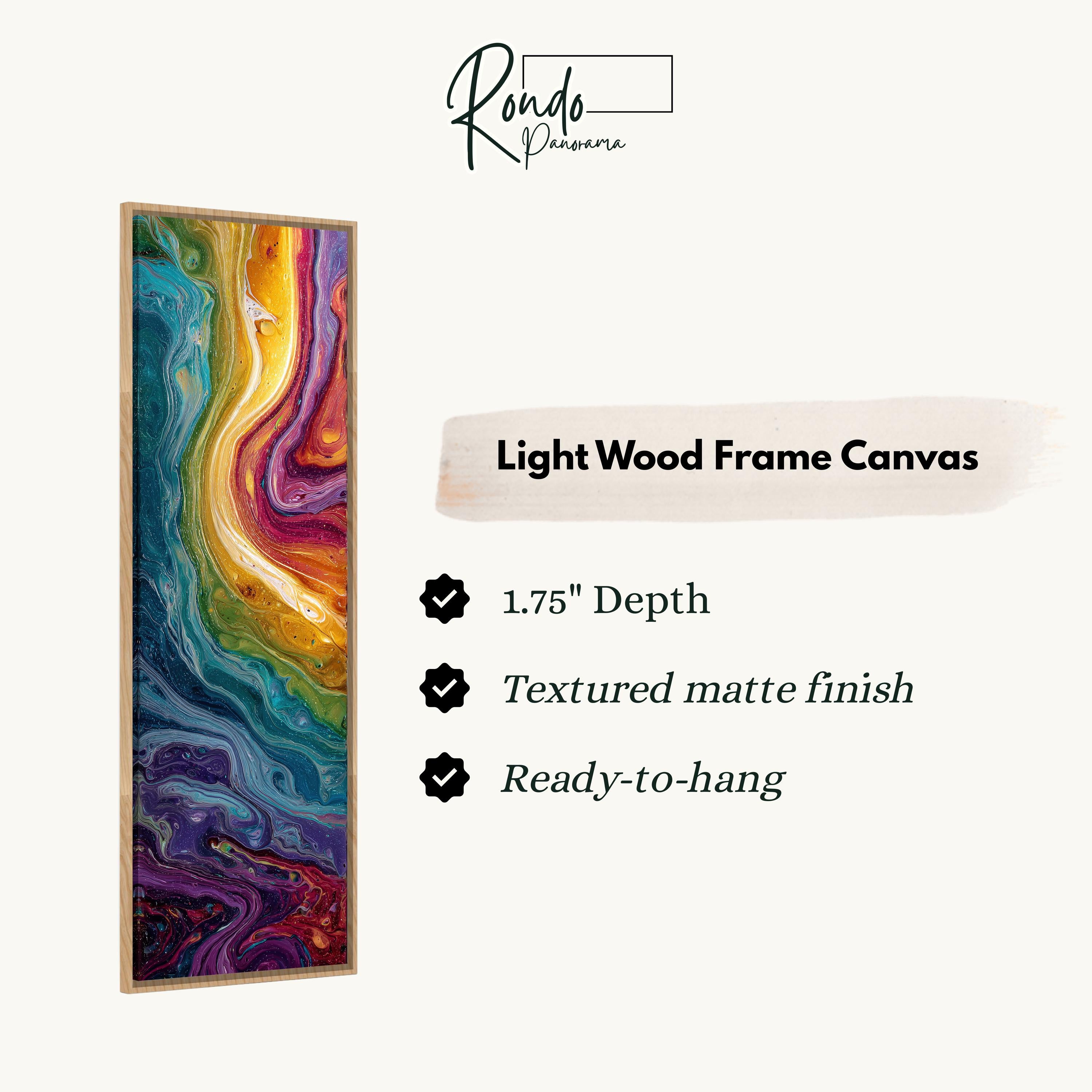 The image is a product advertisement for a light wood frame canvas. It features a vibrant abstract painting with swirls of various colors, including shades of blue, green, yellow, and red. The advertisement highlights the canvas's 1.75" depth, textured matte finish, and ready-to-hang feature.