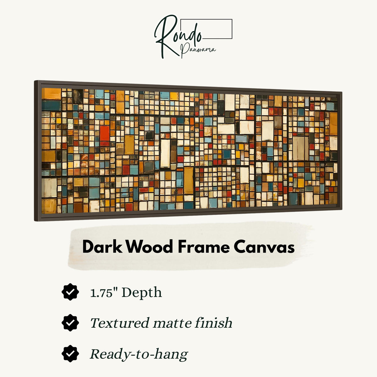 Ochre and blue mosaic tiles with red accents canvas print in a dark wood floating frame