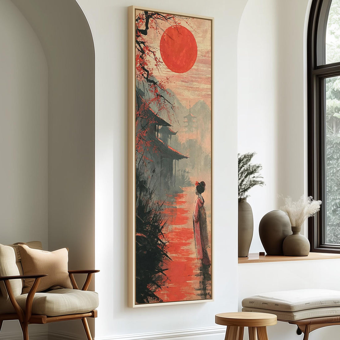Geisha standing by a lake under a red sun long vertical canvas print in a sunlit living space