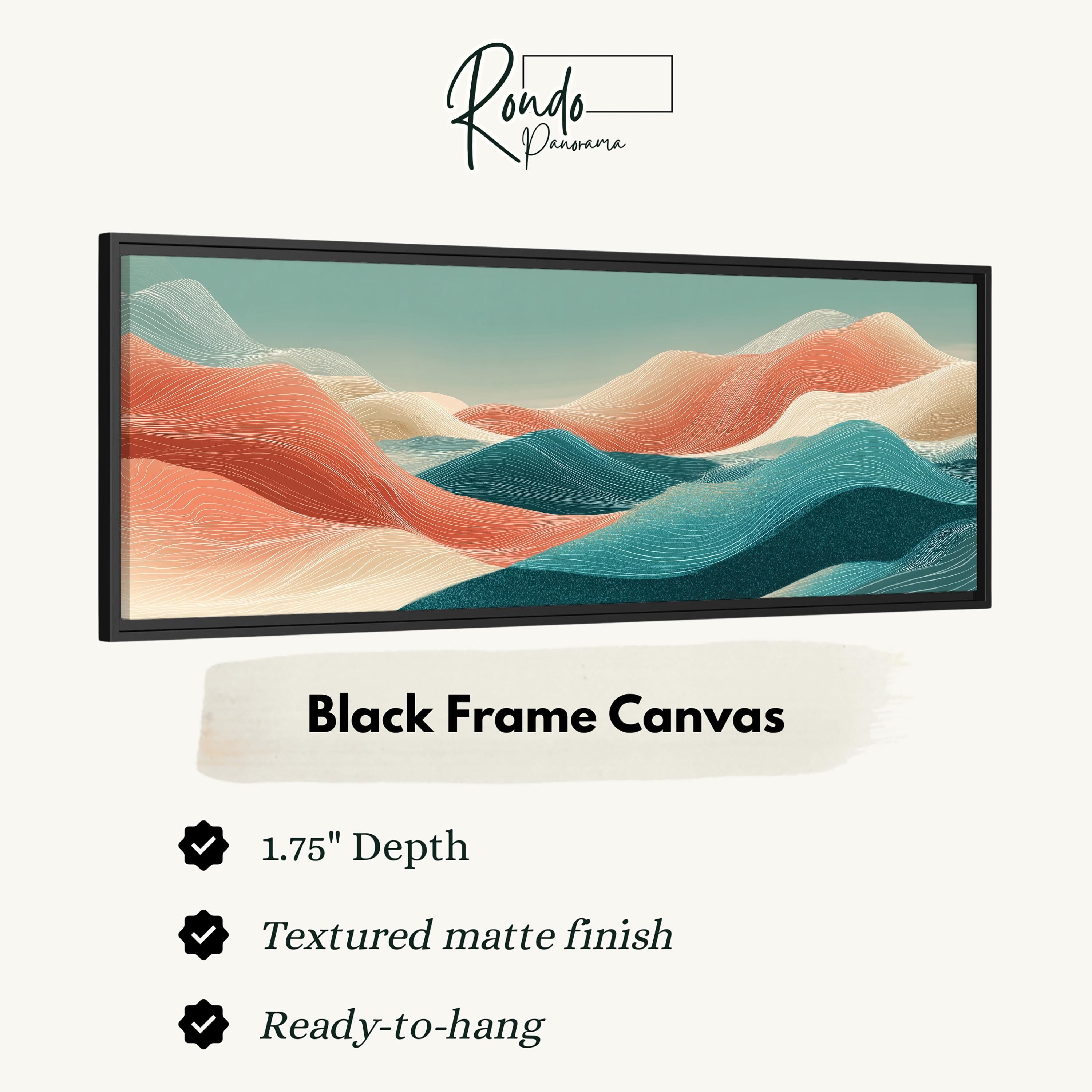 The image is a black frame canvas depicting a landscape with mountains and water.