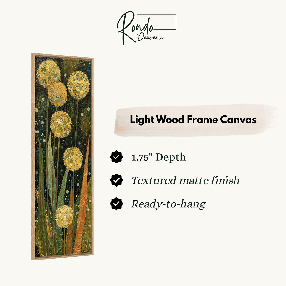 Golden allium blooms canvas print in a light wood floating frame