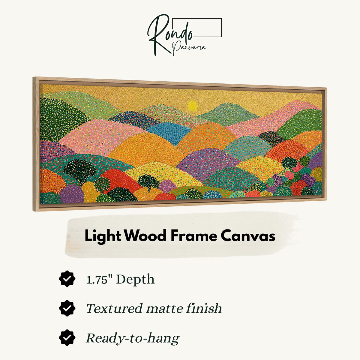 Dotted rainbow hills at sunset canvas print in a light wood floating frame