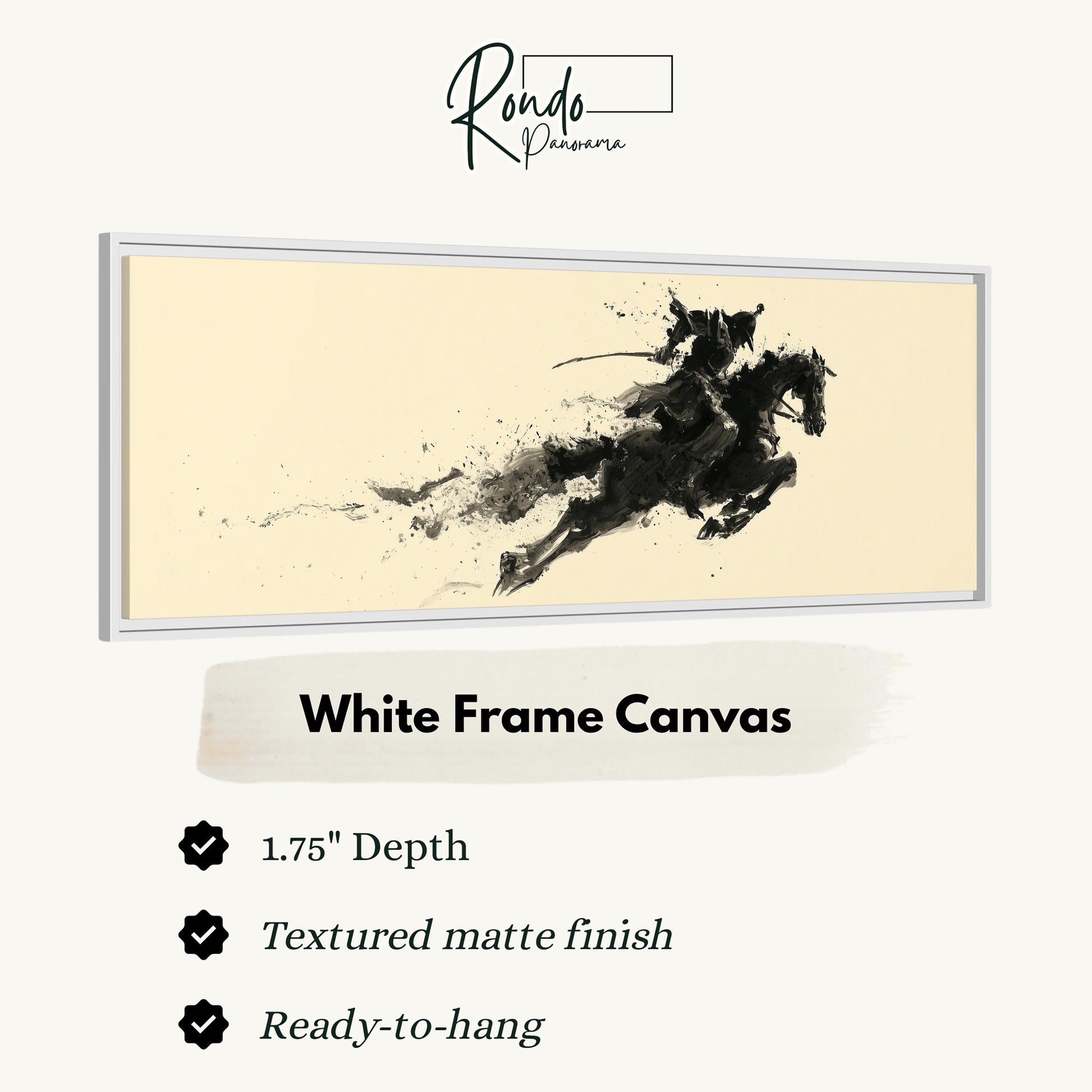 The image is a framed artwork depicting a black horse in motion, with a white background.