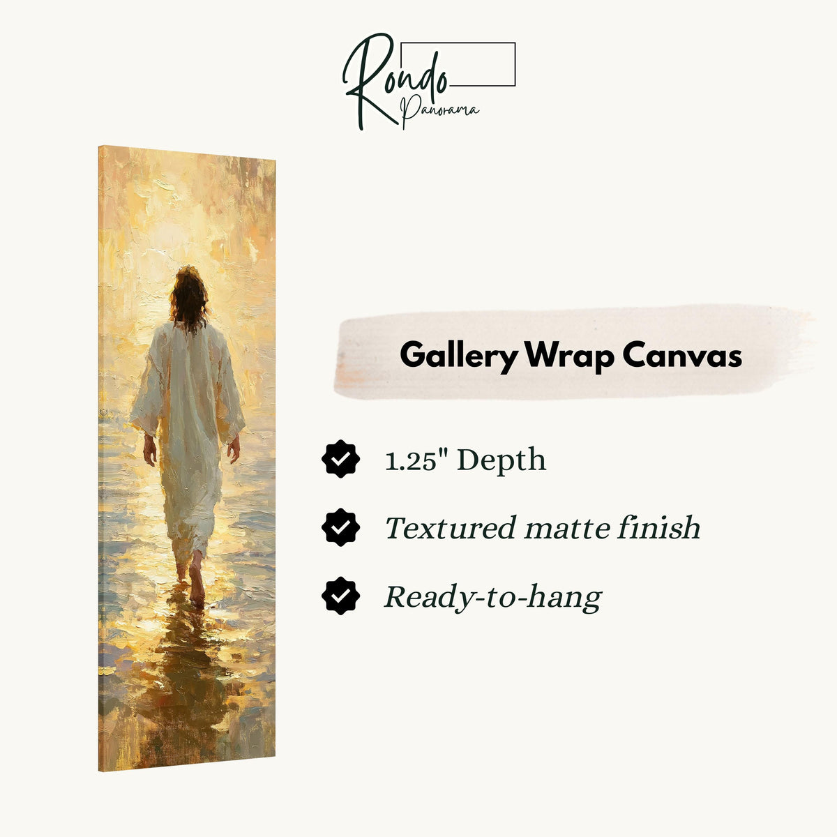 Jesus walking into golden light over water gallery wrap canvas with the image wrapped around the edges