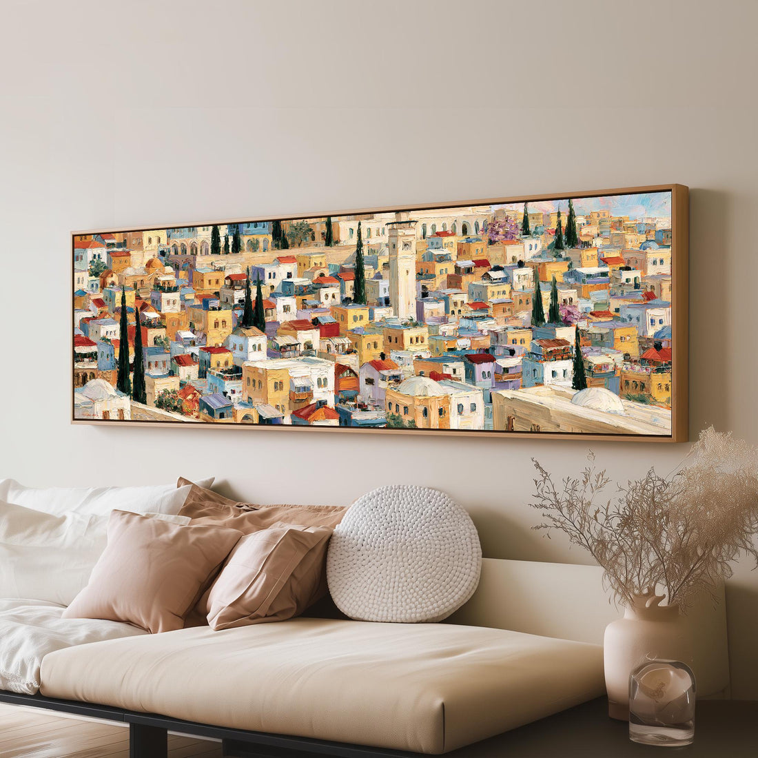 Mediterranean hillside village long horizontal canvas print above a sofa in a living room