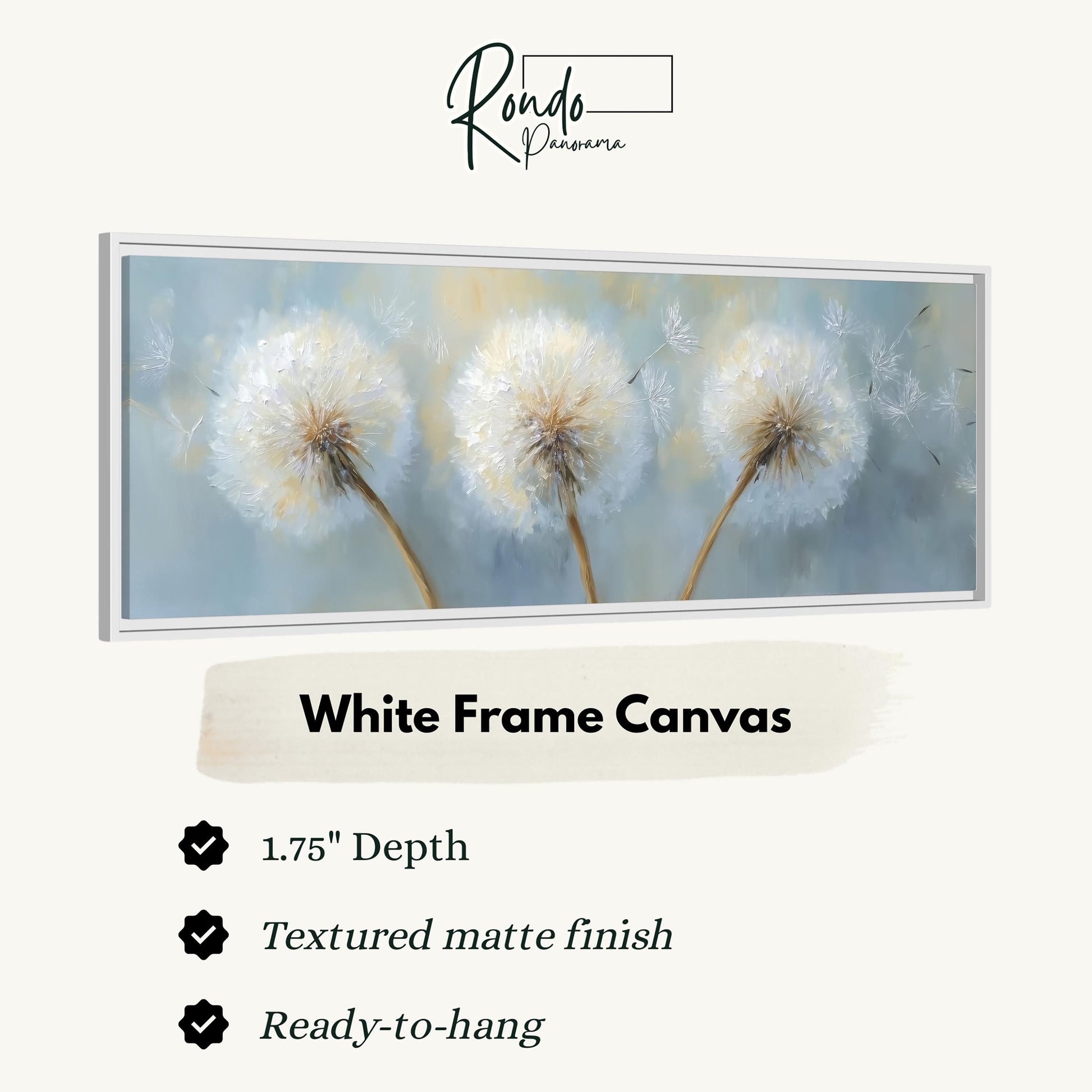 The image is a white frame canvas featuring three dandelion-like flowers in a serene, dreamy landscape.