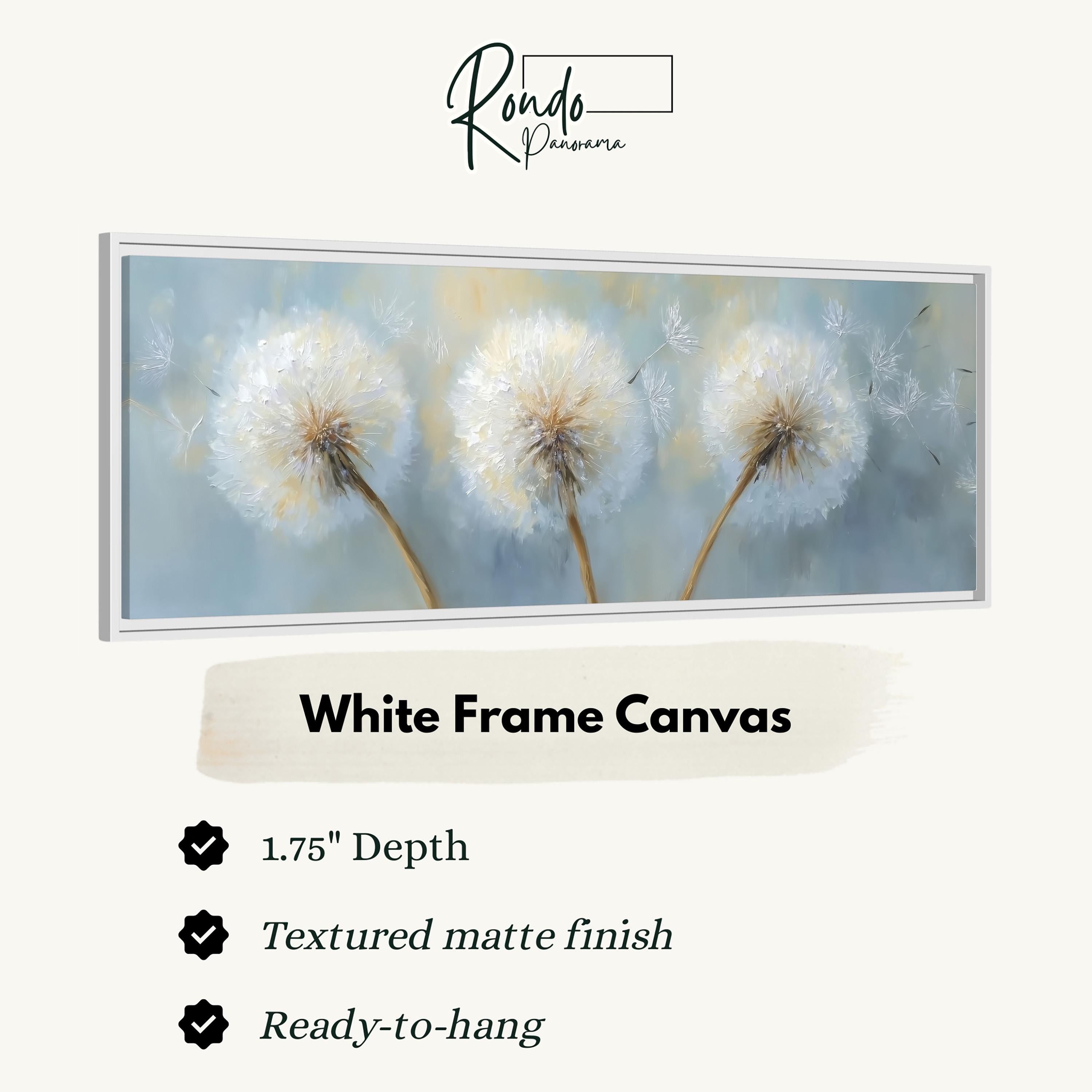 The image is a white frame canvas featuring three dandelion-like flowers in a serene, dreamy landscape.