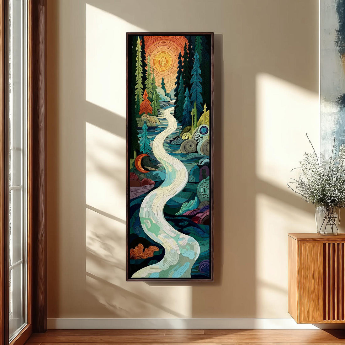 a large, colorful painting of a winding river surrounded by a forest landscape, with a sun-filled sky in the background.