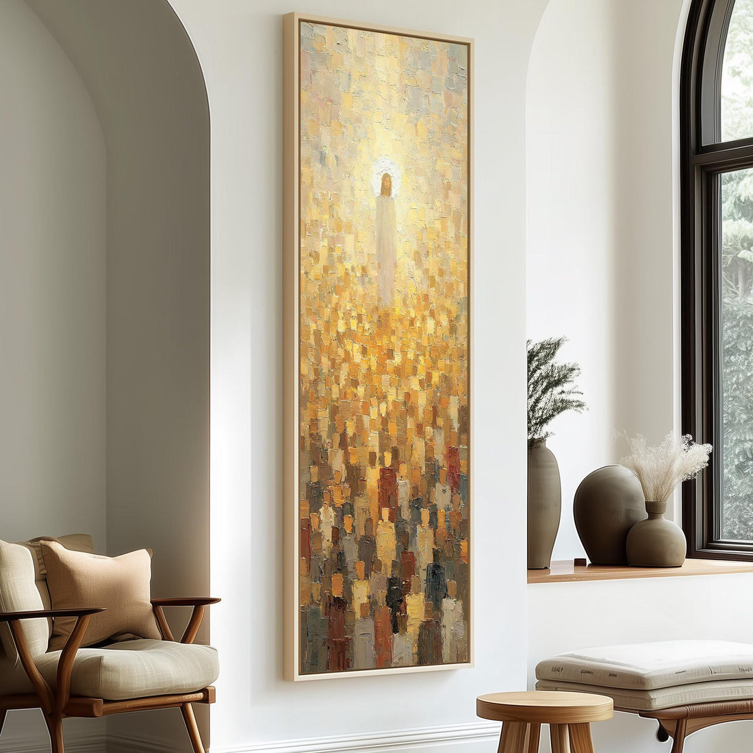 Jesus glowing above a golden crowd long vertical canvas print in a sunlit living space