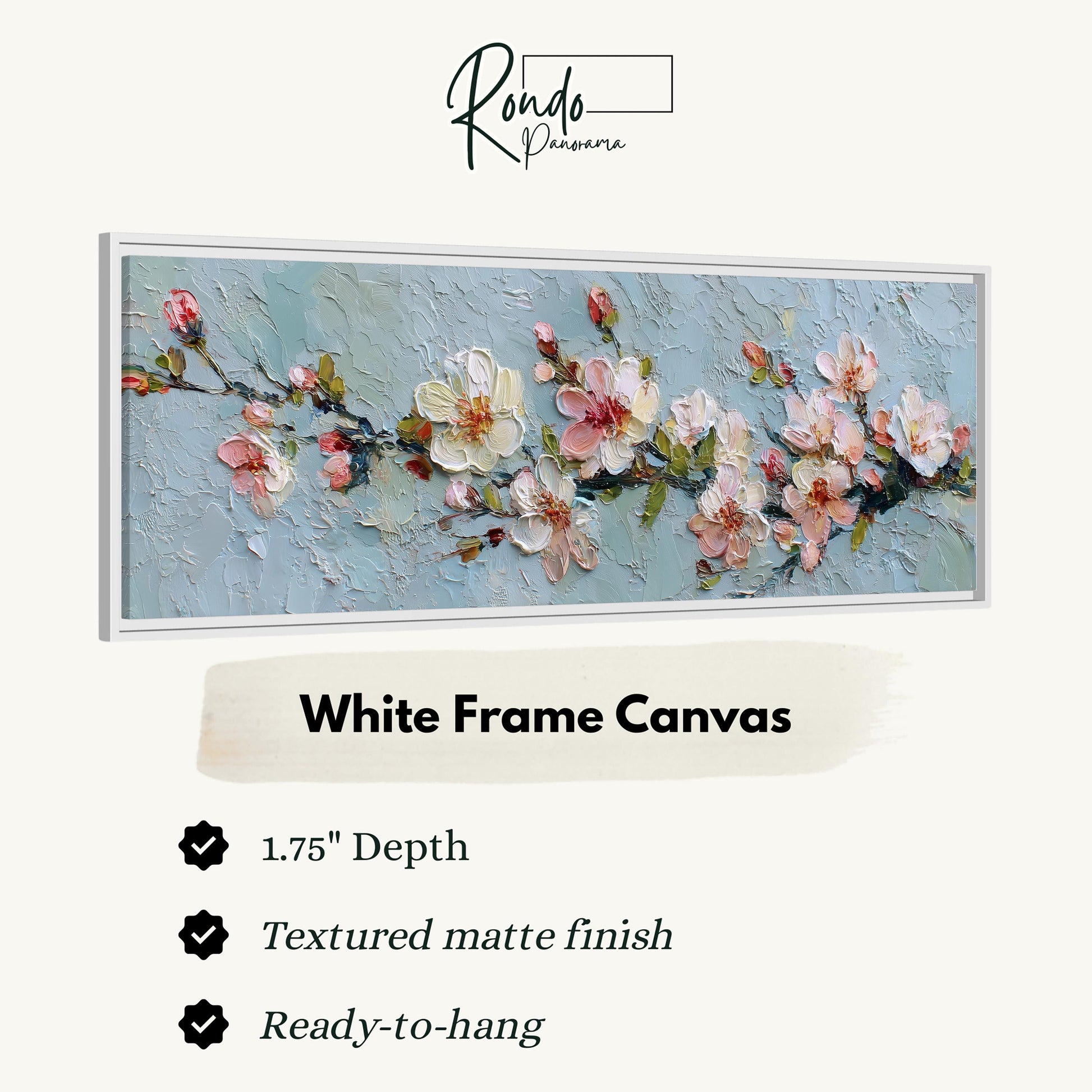 The image is a framed artwork depicting a floral design with pink and white flowers.