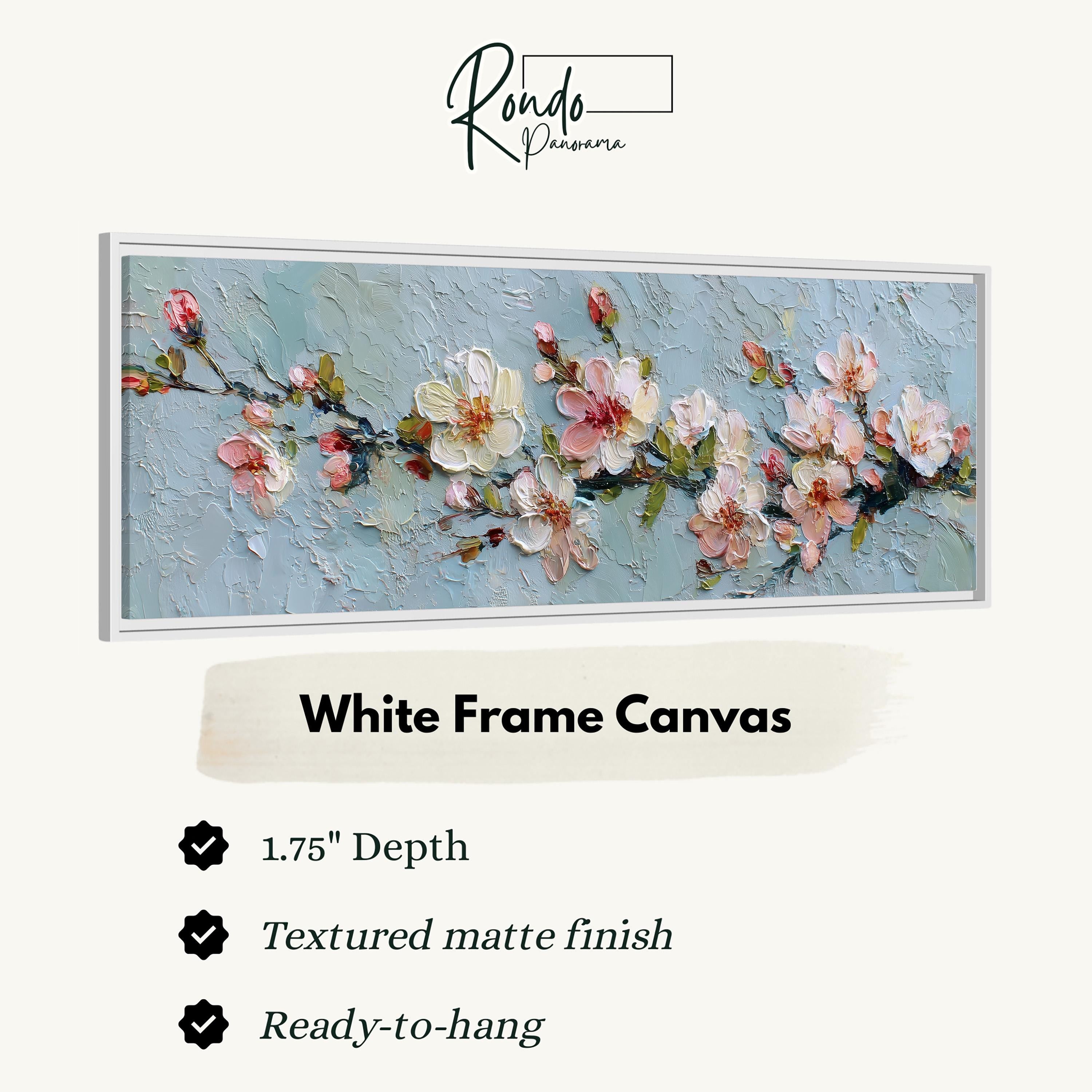The image is a framed artwork depicting a floral design with pink and white flowers.