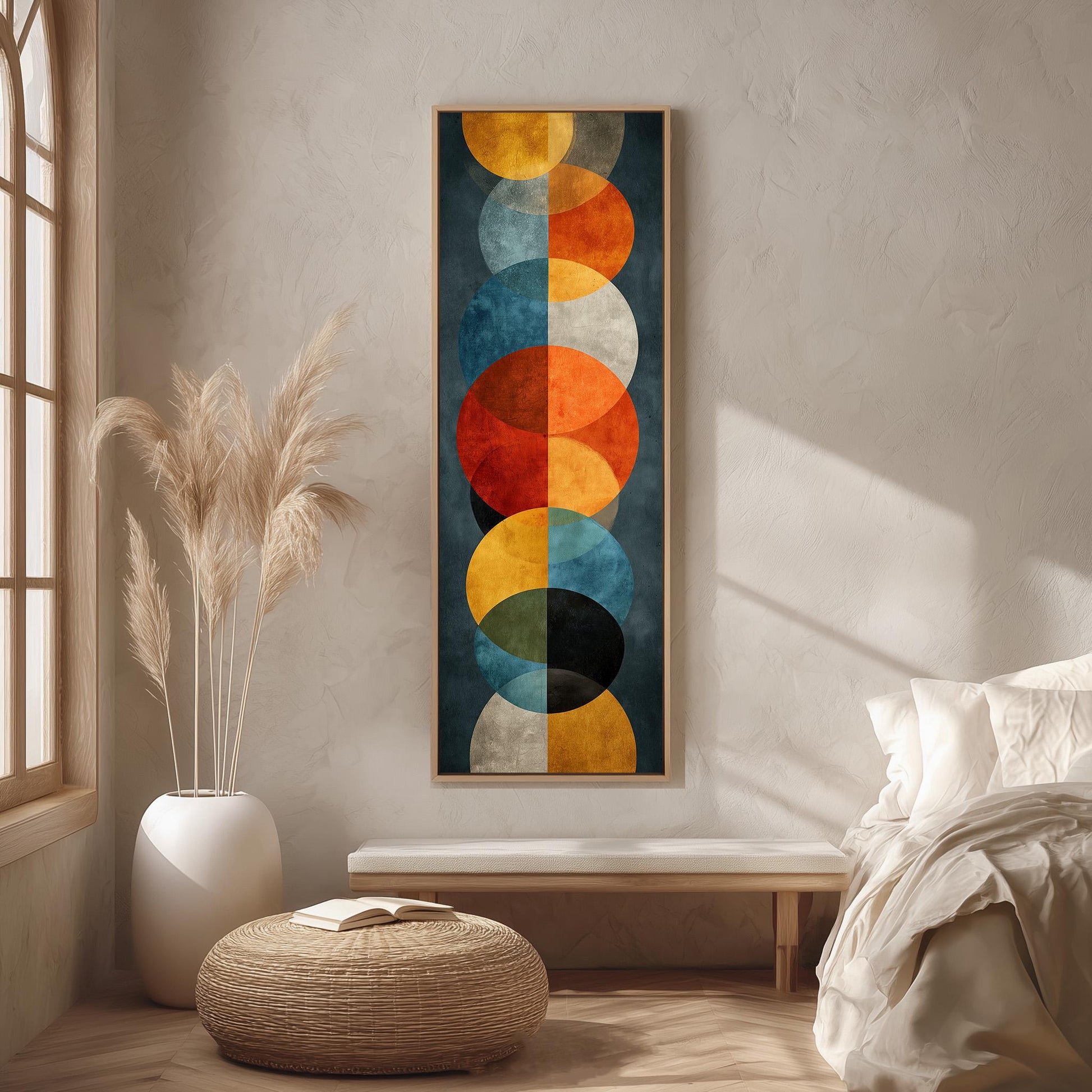 a modern art piece with a vertical arrangement of circles in various colors, including orange, blue, and yellow, hanging on a wall in a minimalist bedroom setting.
