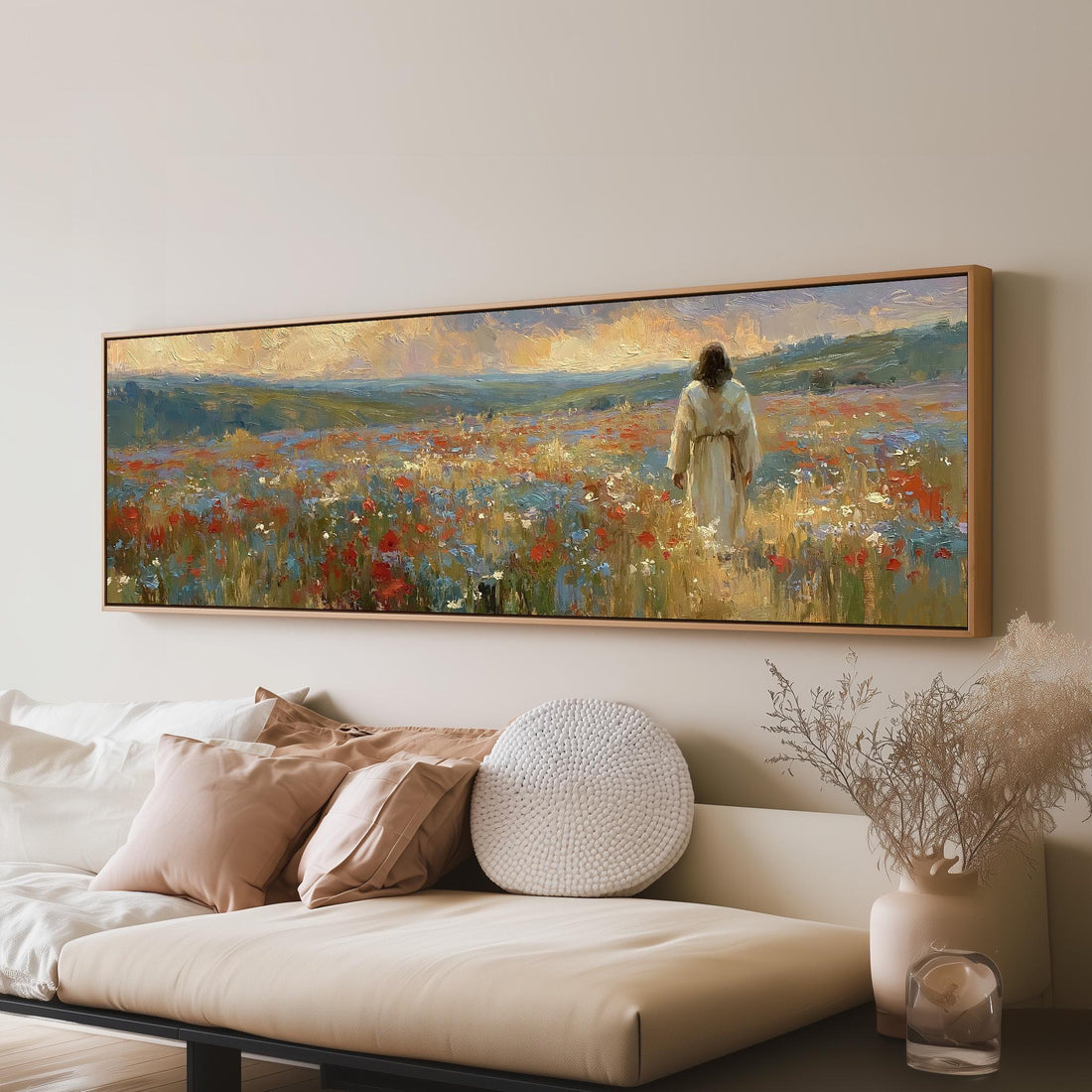 Jesus walking through a poppy field long horizontal canvas print above a sofa in a living room