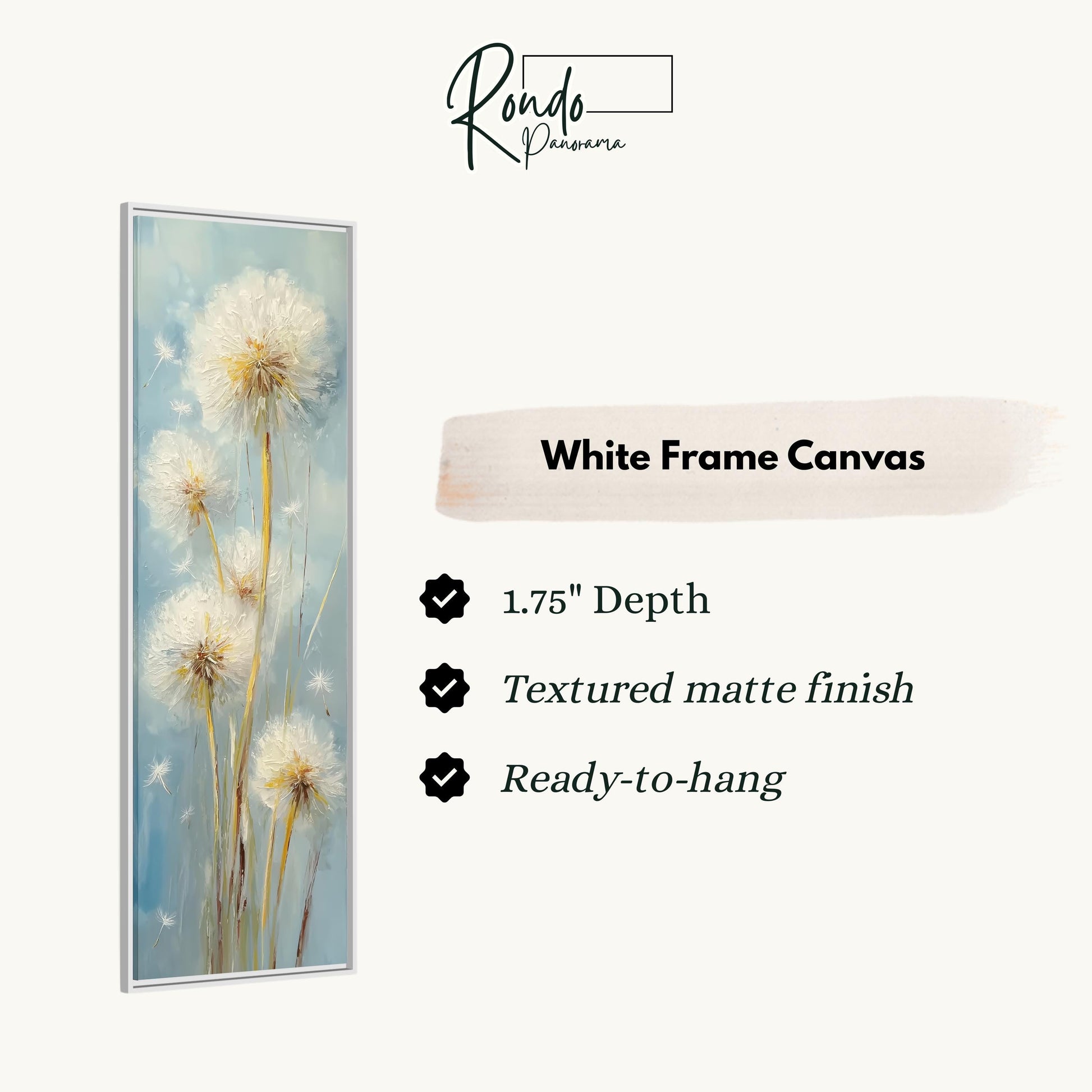 The image is a framed artwork depicting a painting of dandelions.