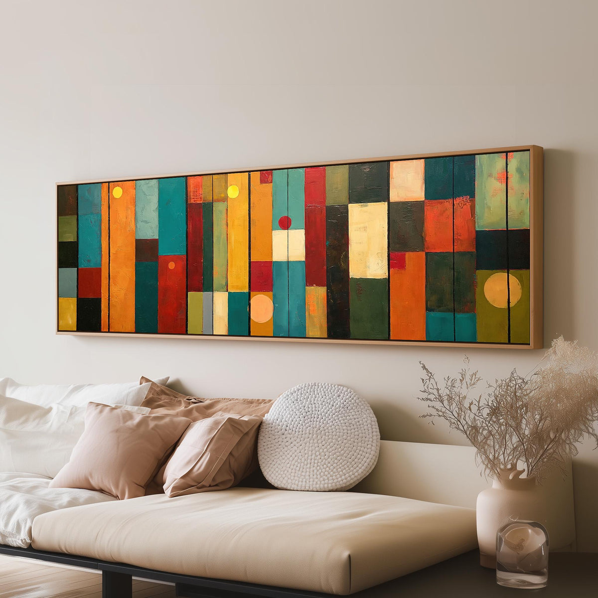 Color block panels with dots panoramic canvas print above a sofa in a living room