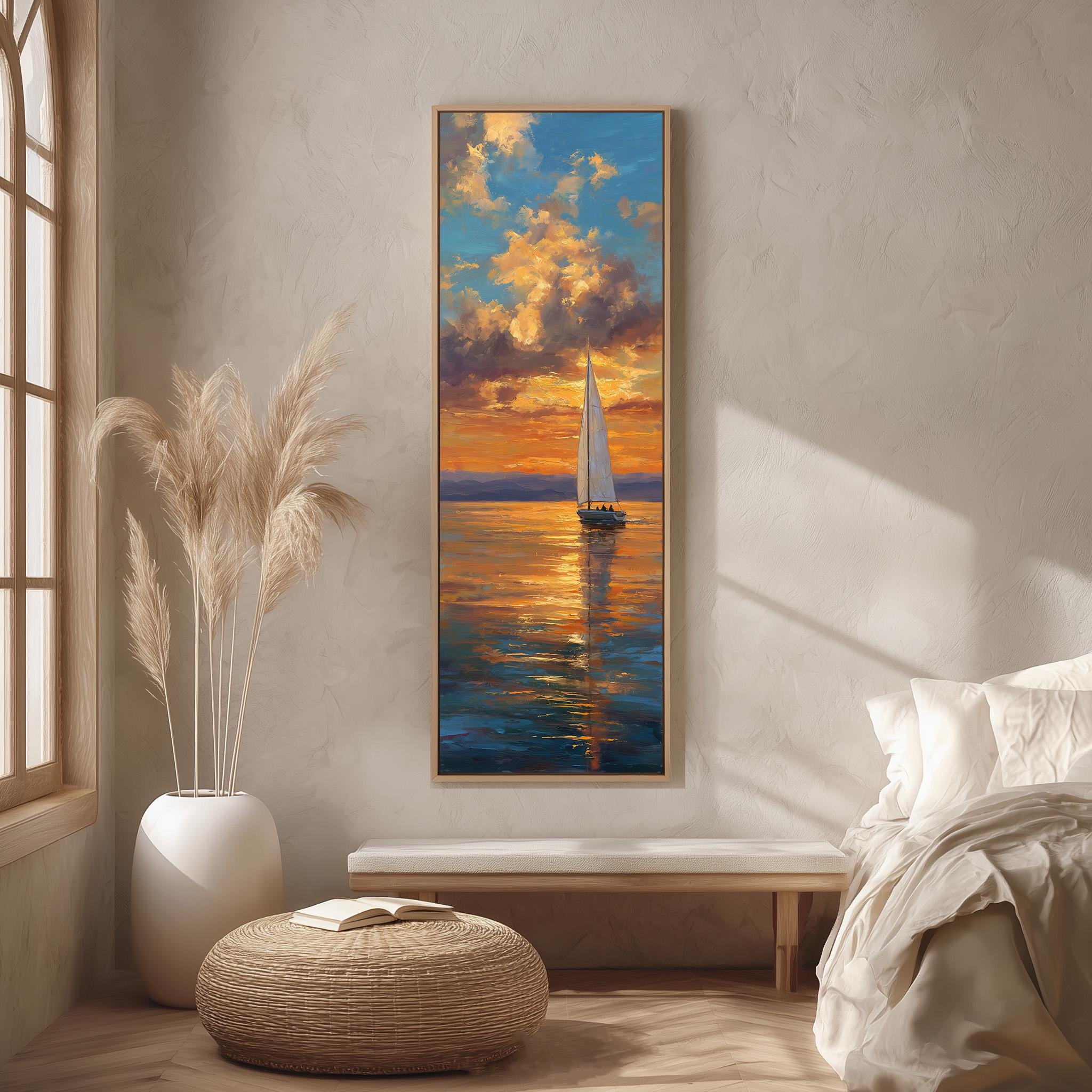 a serene indoor setting with a large painting of a sailboat on the wall, a white sofa, a woven ottoman, and a potted plant.