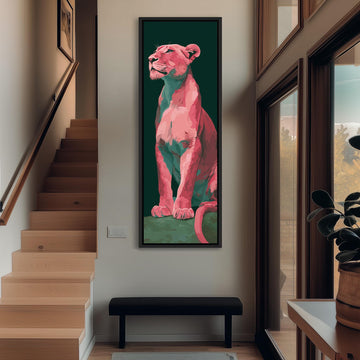 a large, colorful painting of a pink lion on the wall of a hallway.