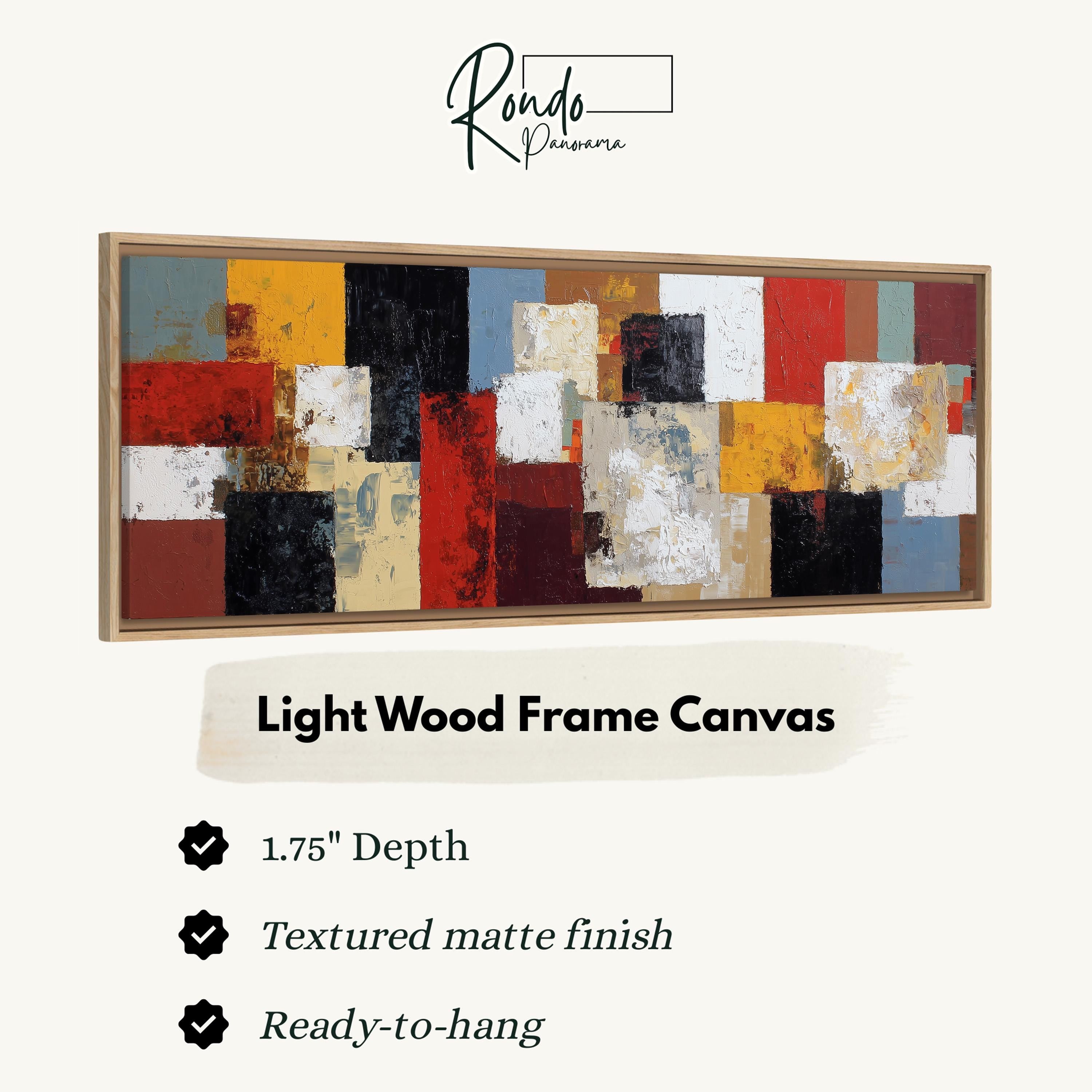 The image is a product advertisement for a light wood frame canvas. It features a large abstract painting with a variety of colors and textures, and provides information about the dimensions and finish of the canvas.
