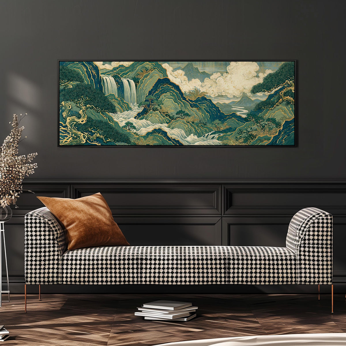 Emerald waterfall mountains with gold lines wide panoramic canvas print above a bench in a dark living room
