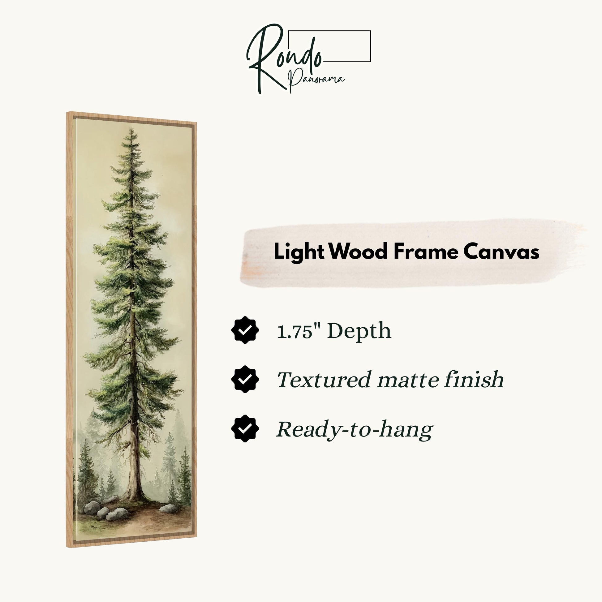 The image is a light wood frame canvas depicting a tall pine tree with a forest scene.