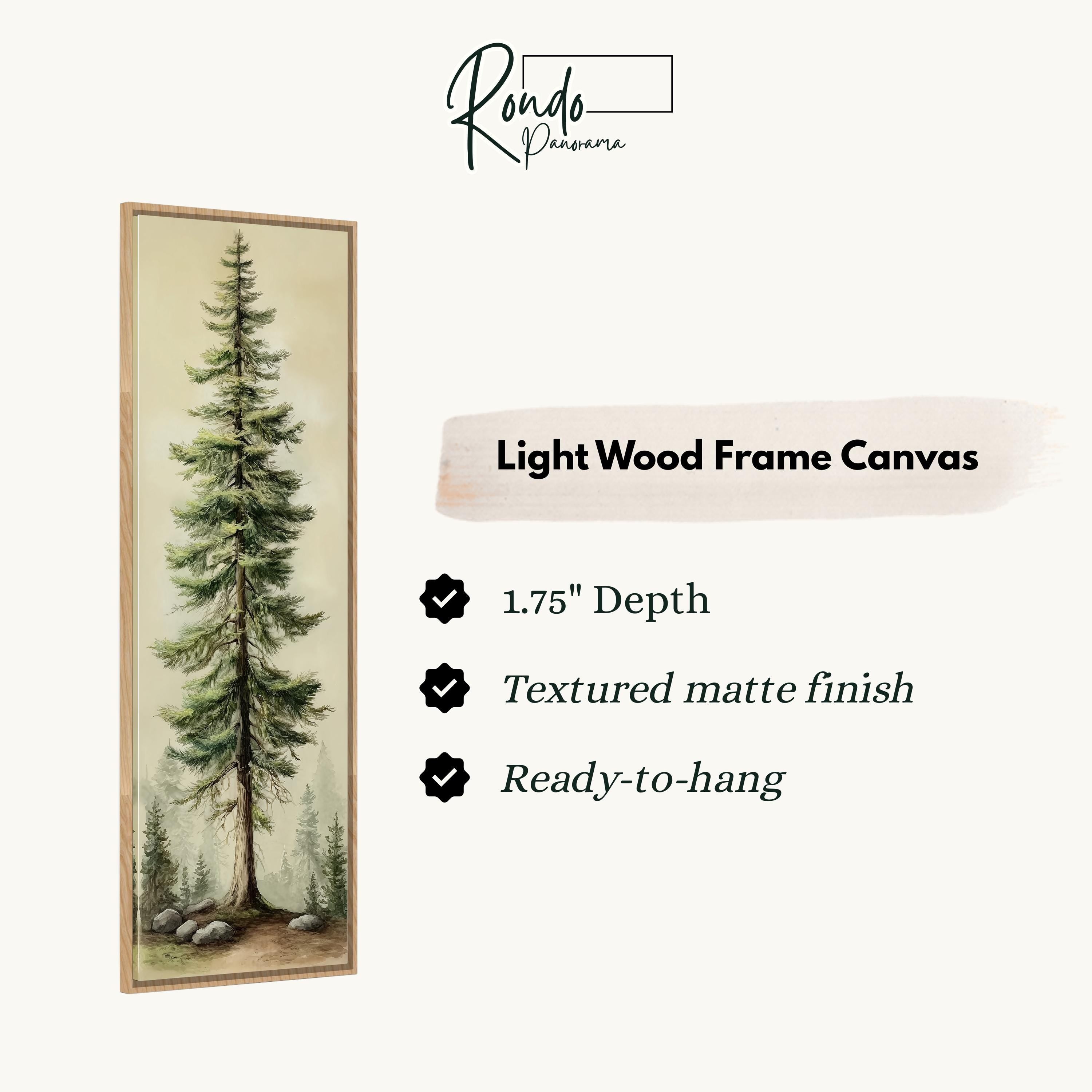 The image is a light wood frame canvas depicting a tall pine tree with a forest scene.