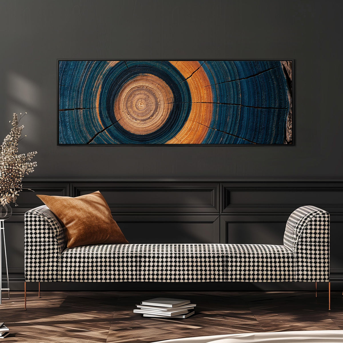 Teal and orange tree ring wide panoramic canvas print above a bench in a dark living room