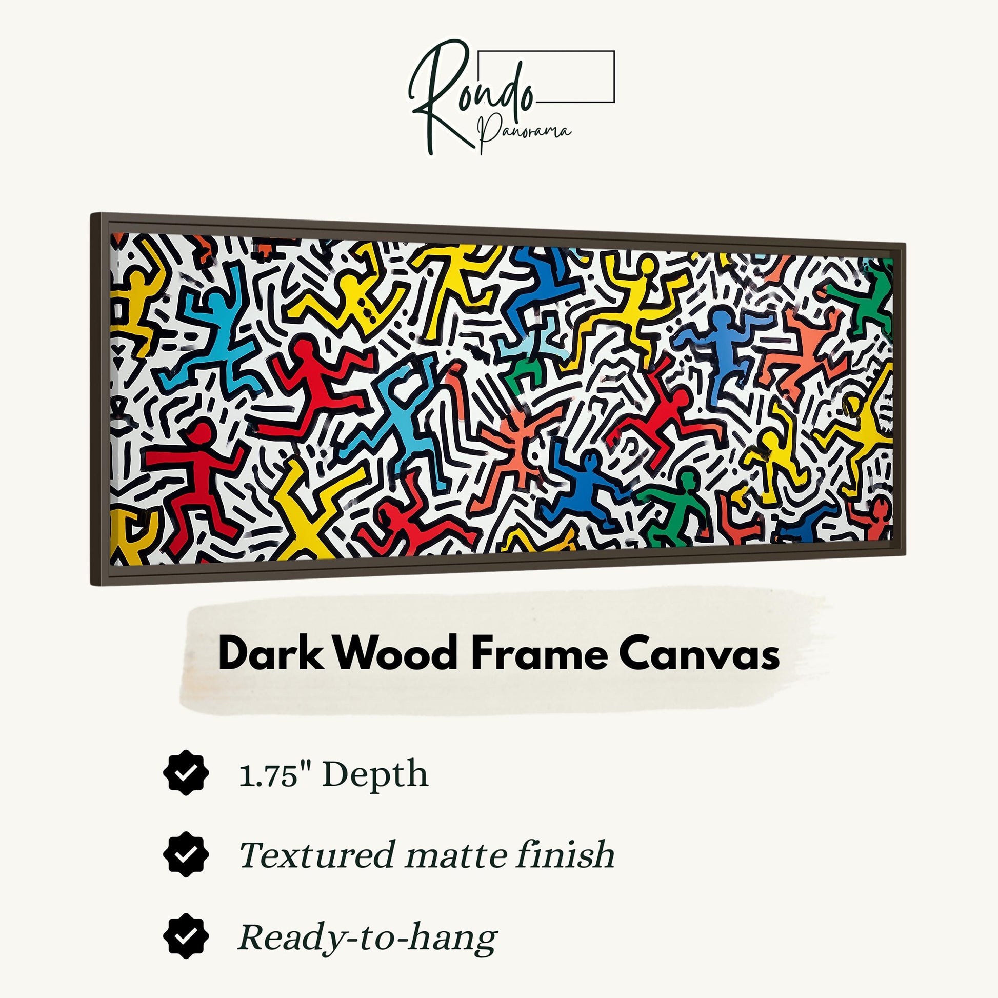 The image is a dark wood frame canvas featuring a vibrant abstract artwork with a mix of colorful figures and lines.