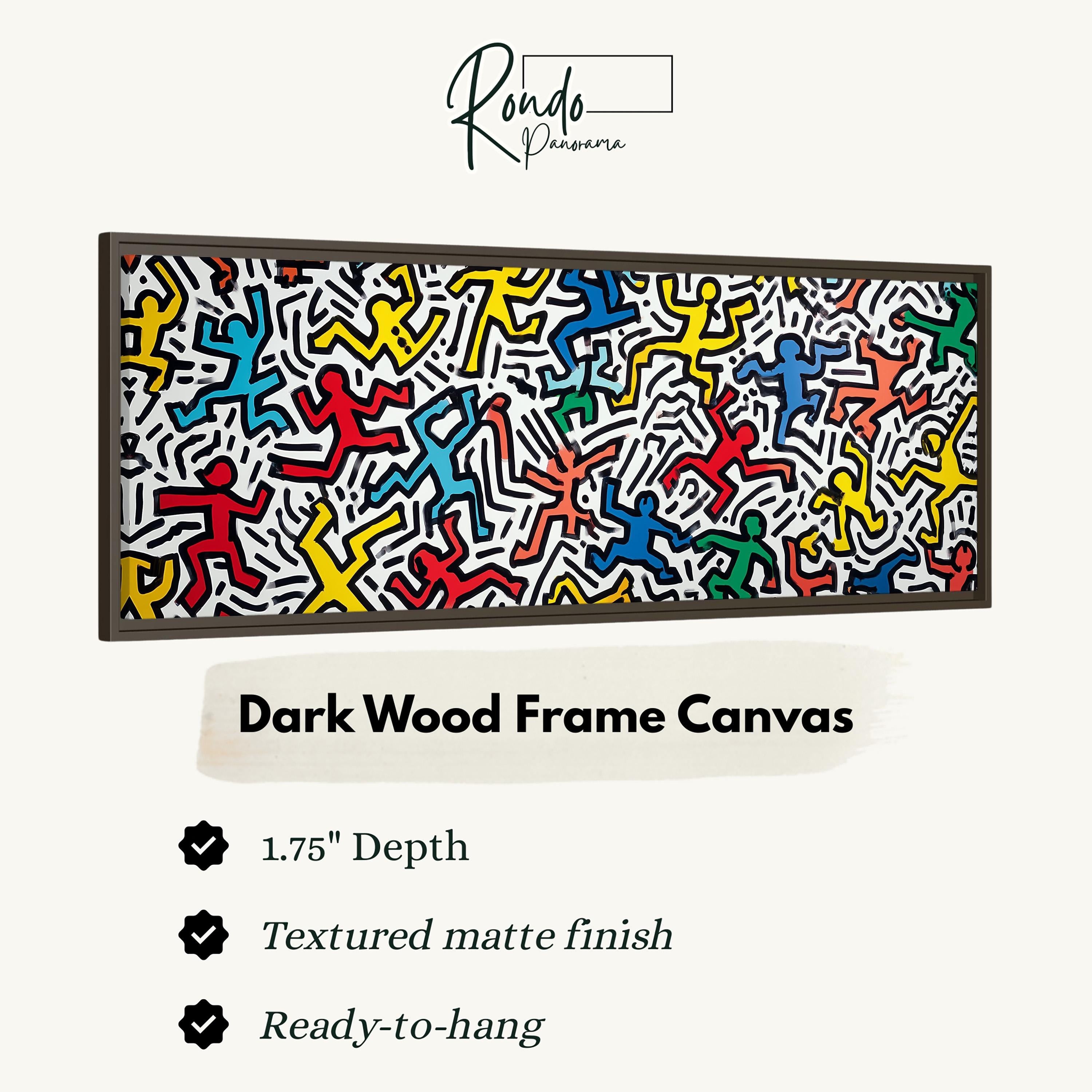 The image is a dark wood frame canvas featuring a vibrant abstract artwork with a mix of colorful figures and lines.
