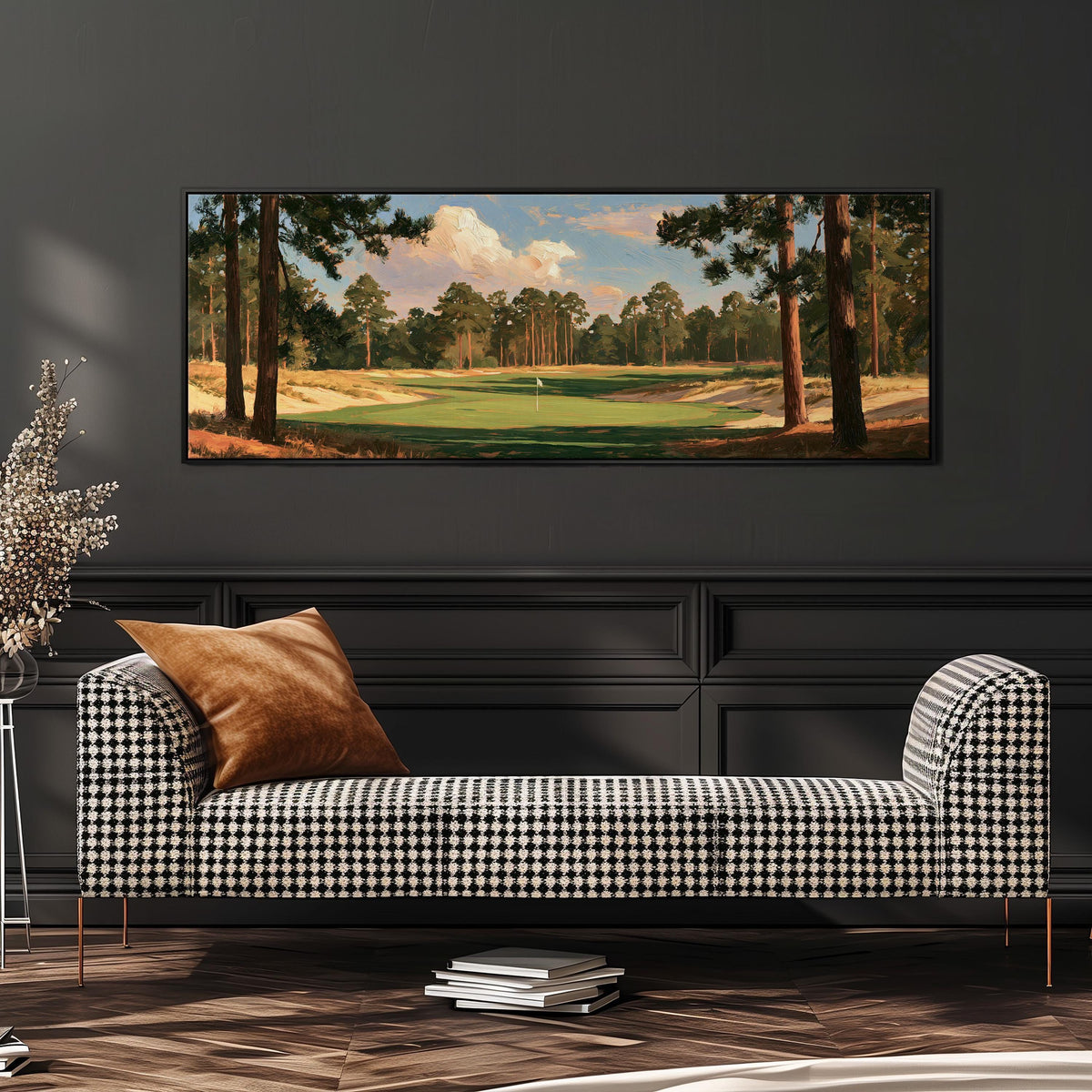 Golf fairway lined with tall pines wide panoramic canvas print above a bench in a dark living room