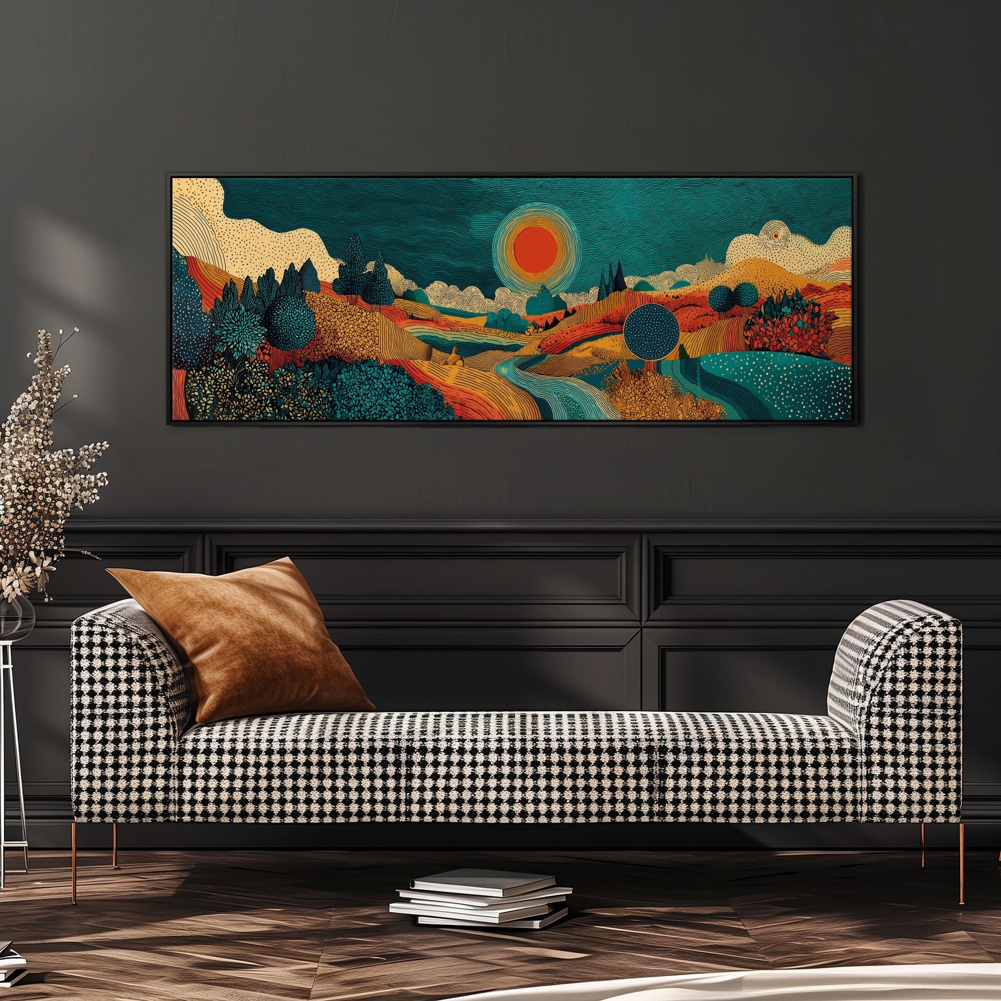 a large, colorful landscape painting hanging on a wall above a black and white checkered sofa in a modern living room setting.