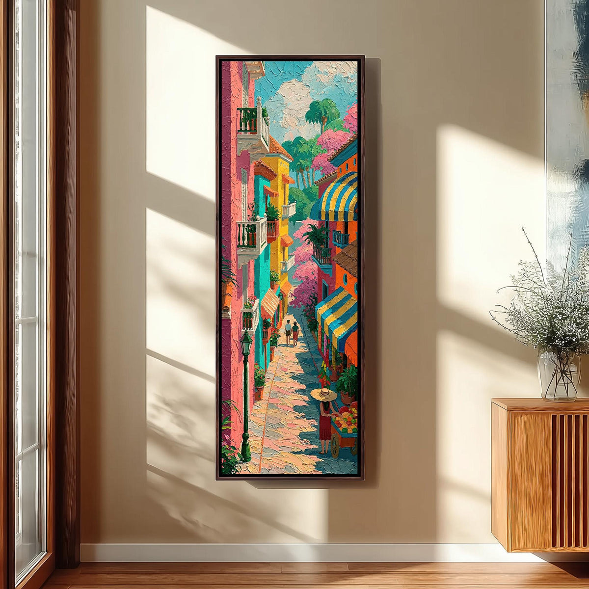 Colorful street with balconies and awnings long vertical canvas print in a sunlit living space