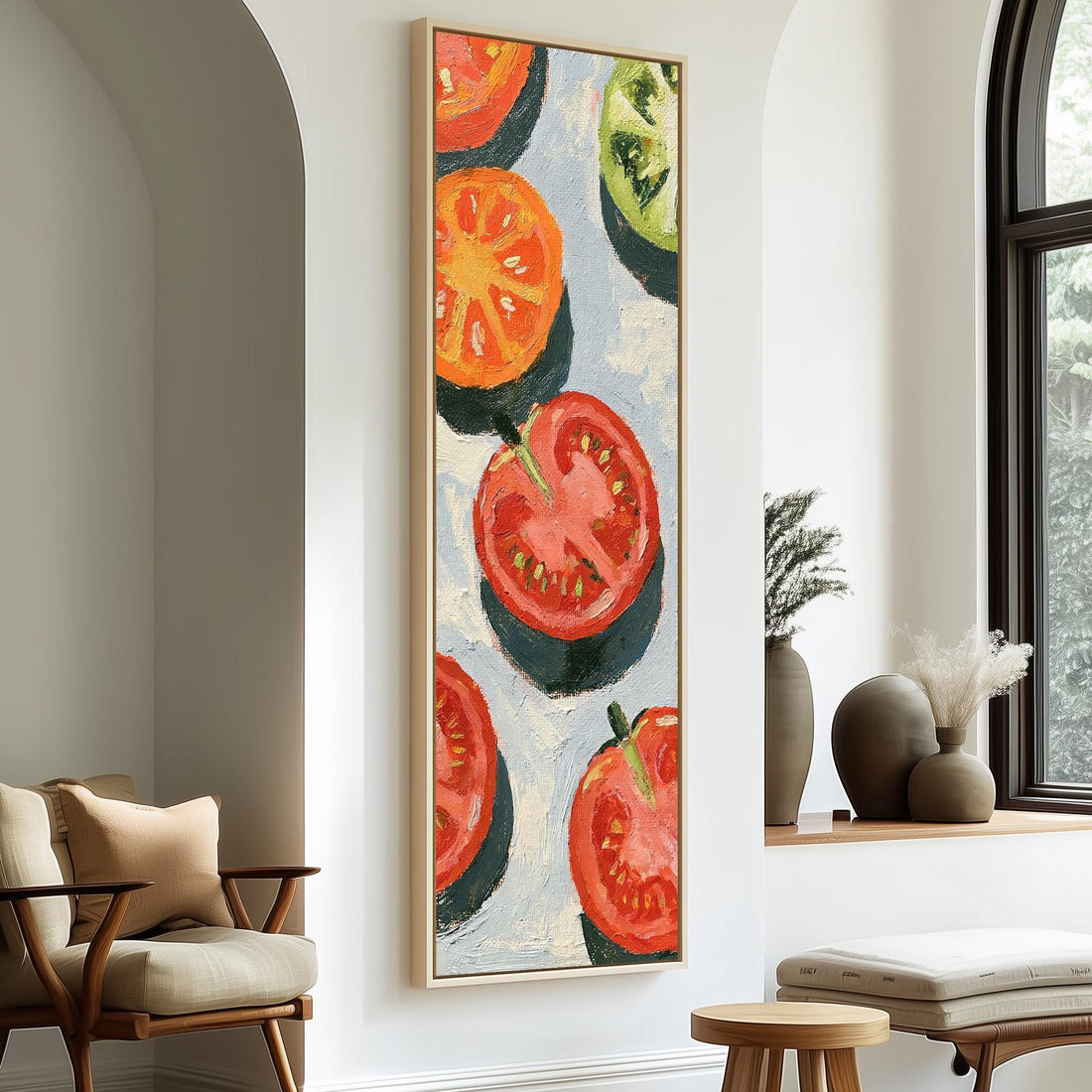 Sliced tomatoes long vertical canvas print in a sunlit living space