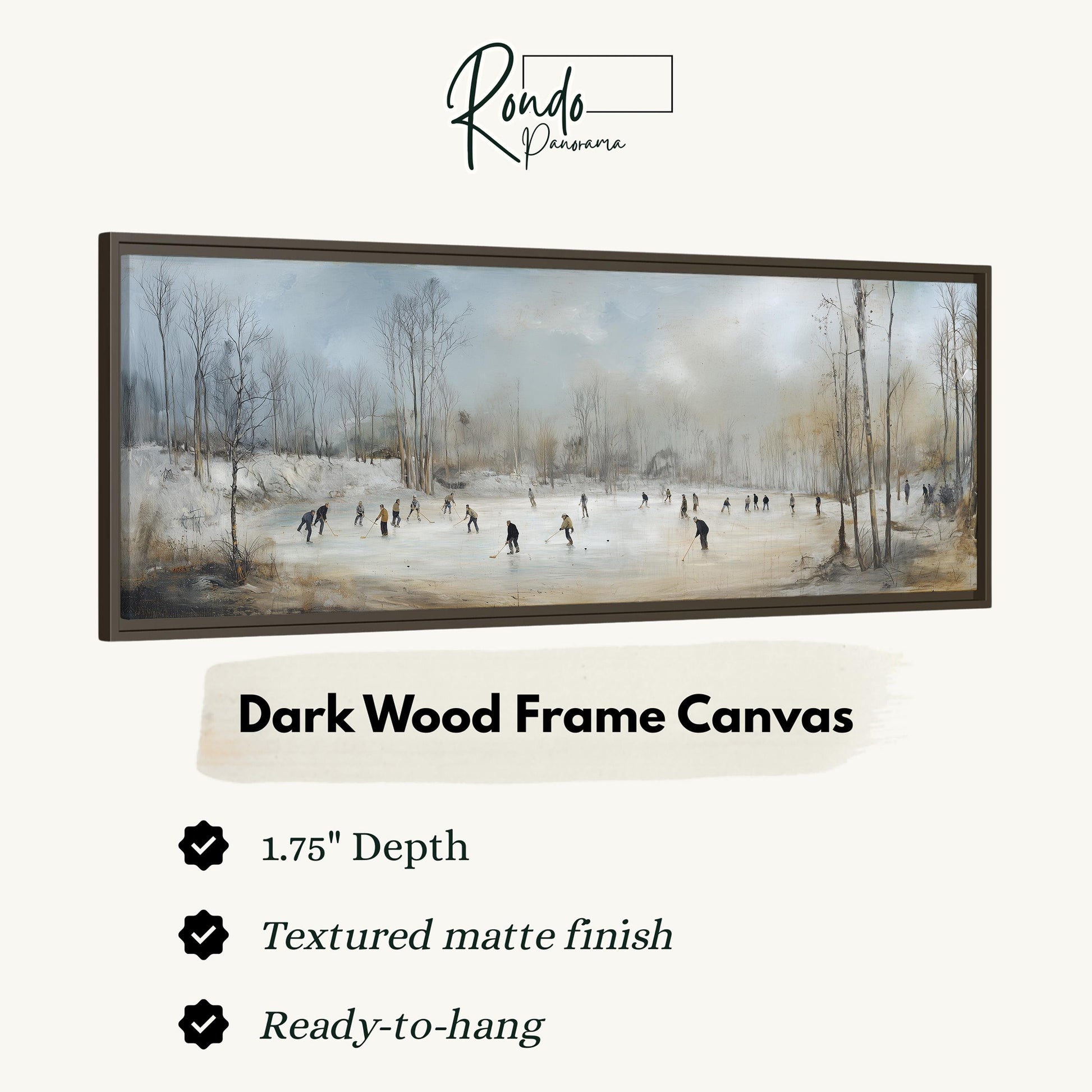 The image is a dark wood frame canvas depicting a winter scene with people ice skating on a frozen lake.
