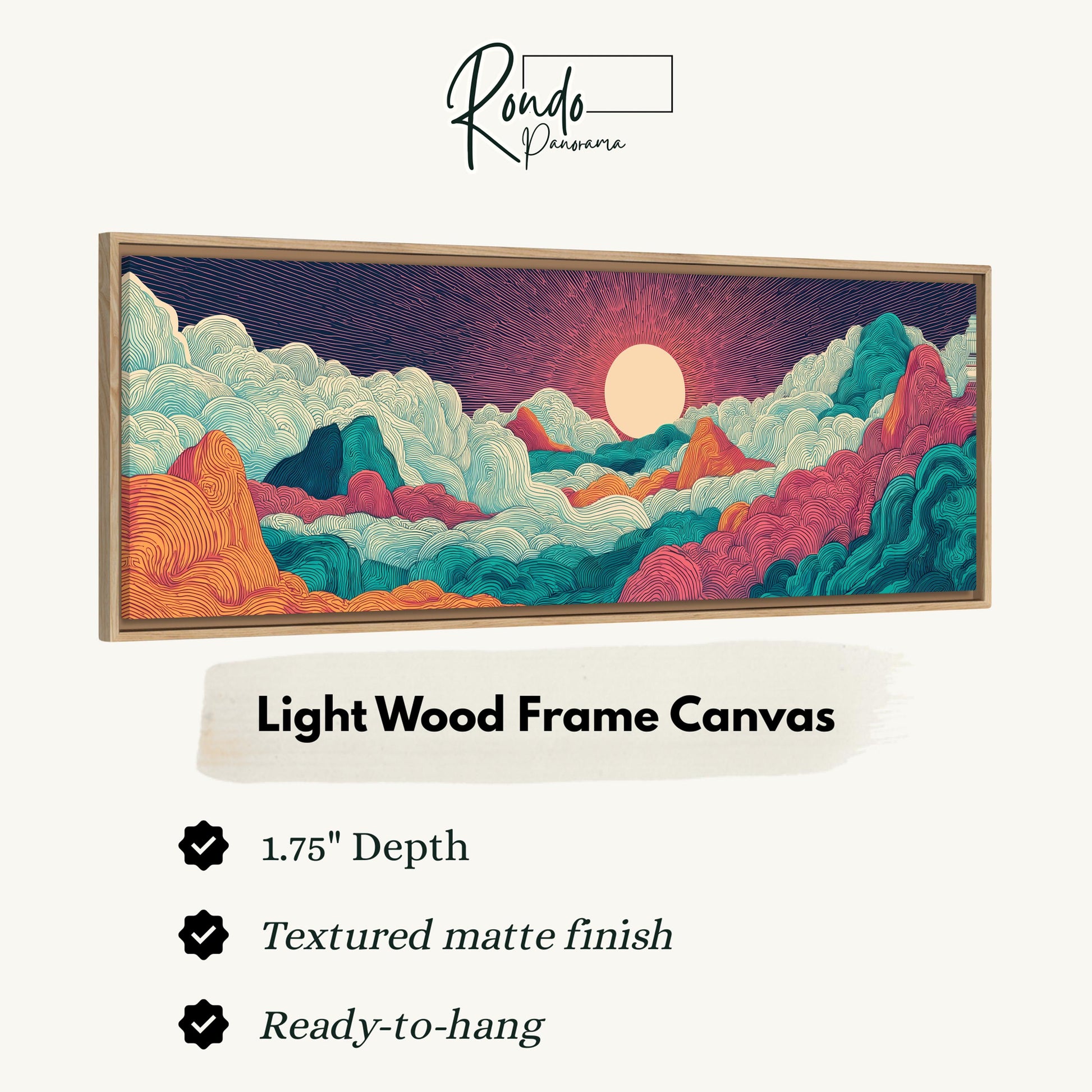 The image is a light wood frame canvas depicting a landscape with mountains, clouds, and a sunset.