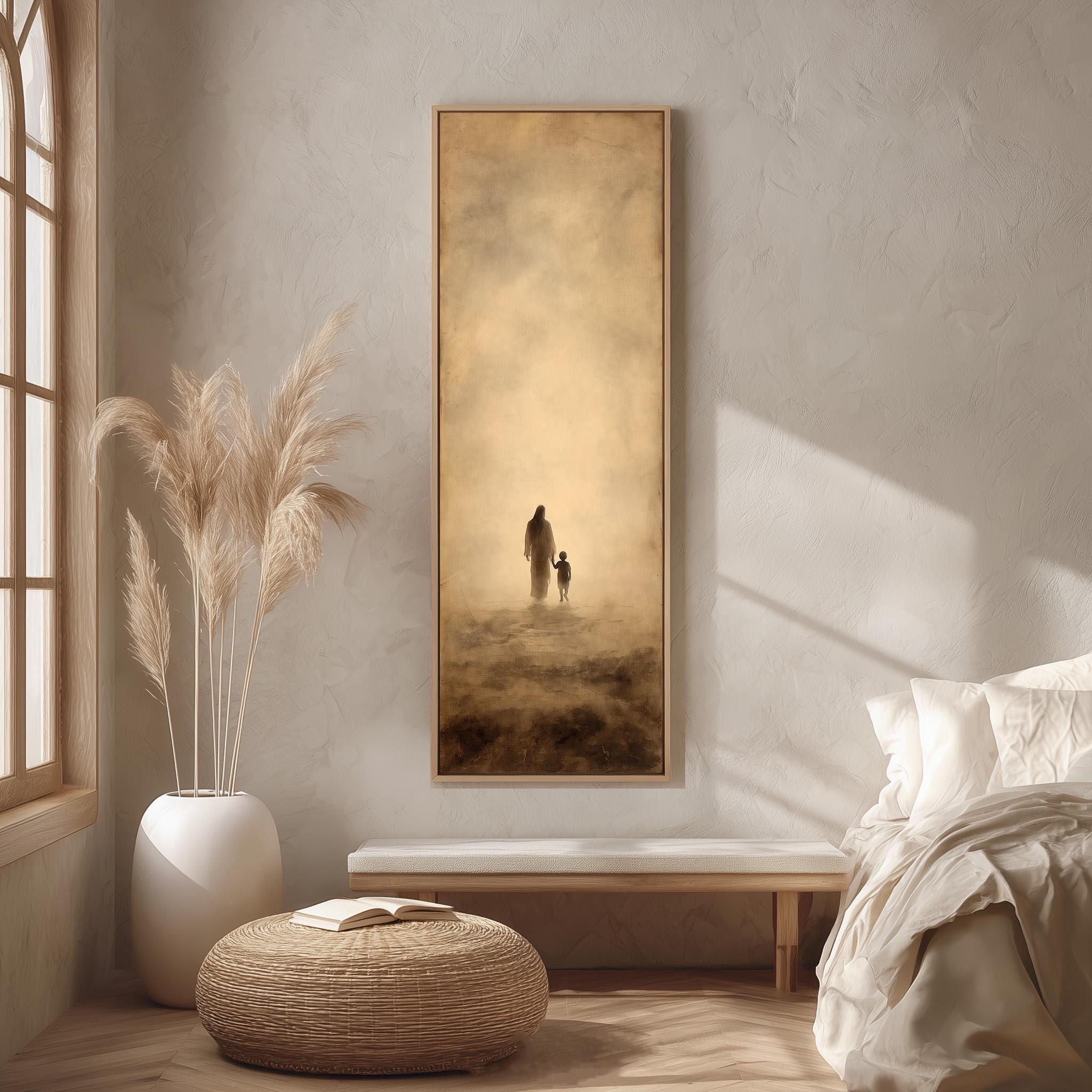 a serene indoor setting with a large painting of a person and child standing in a field, surrounded by a peaceful atmosphere.