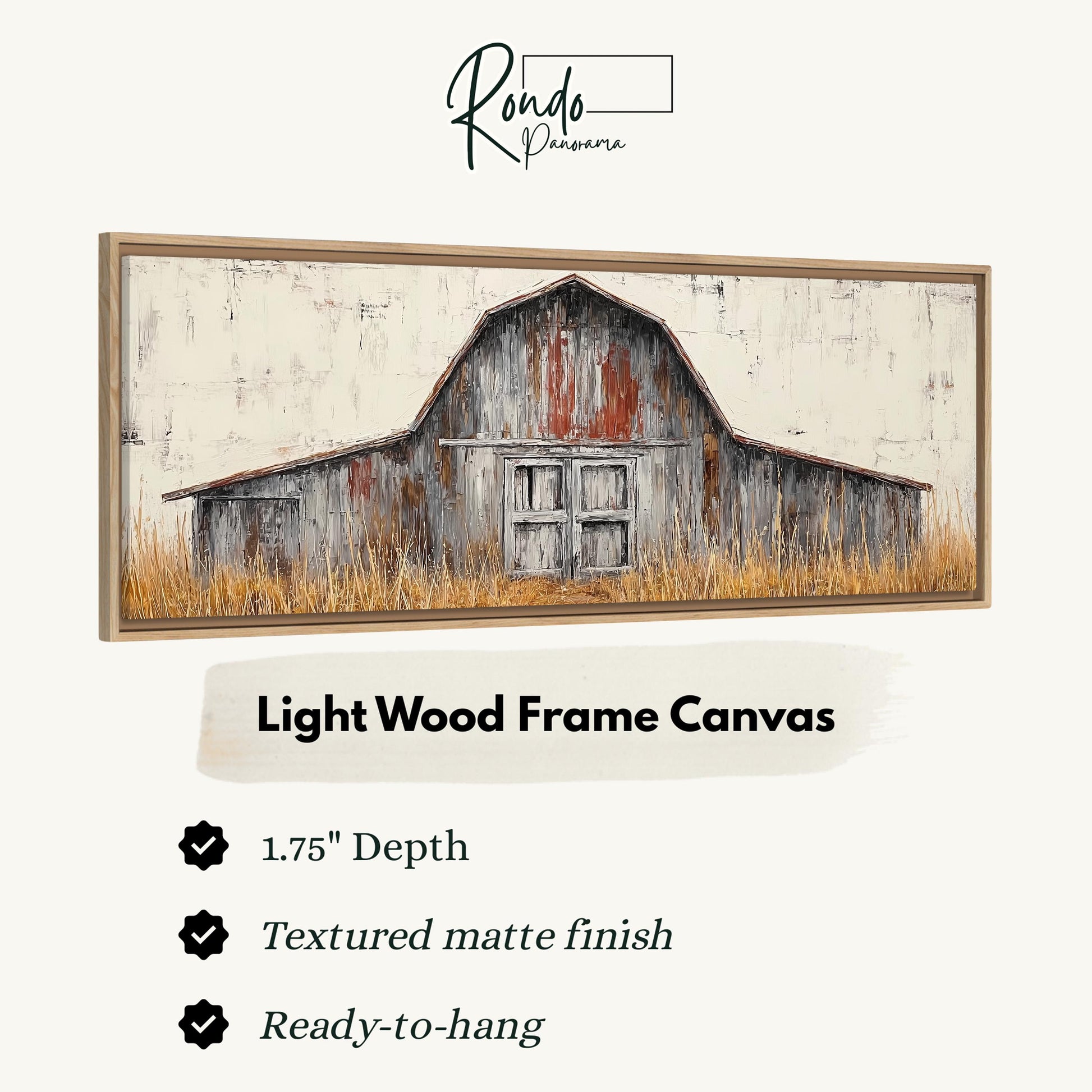 The image is a framed artwork depicting a rustic barn with a textured matte finish. The frame is 1.75" deep and ready to hang.