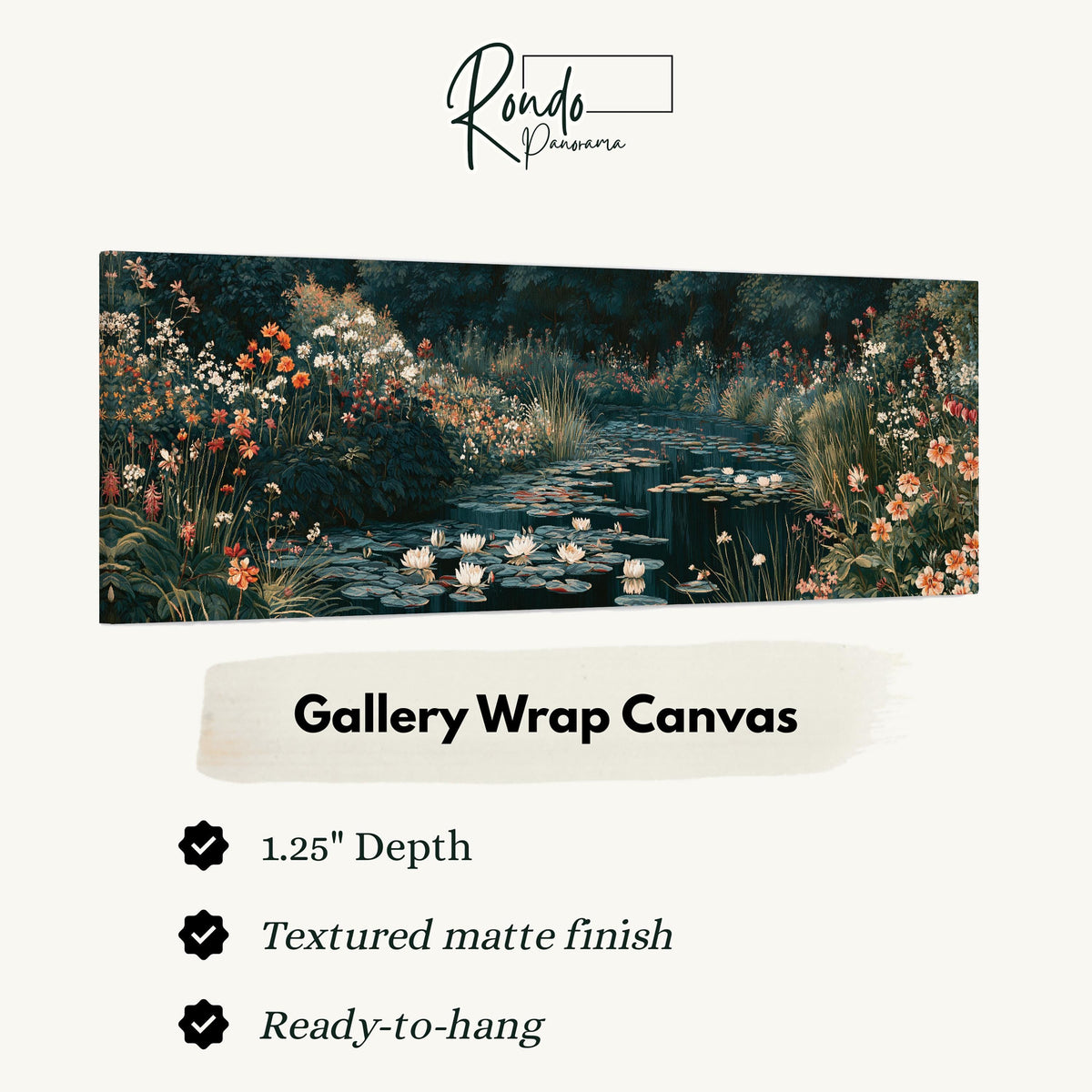 Lily pond surrounded by wildflowers gallery wrap canvas with the image wrapped around the edges