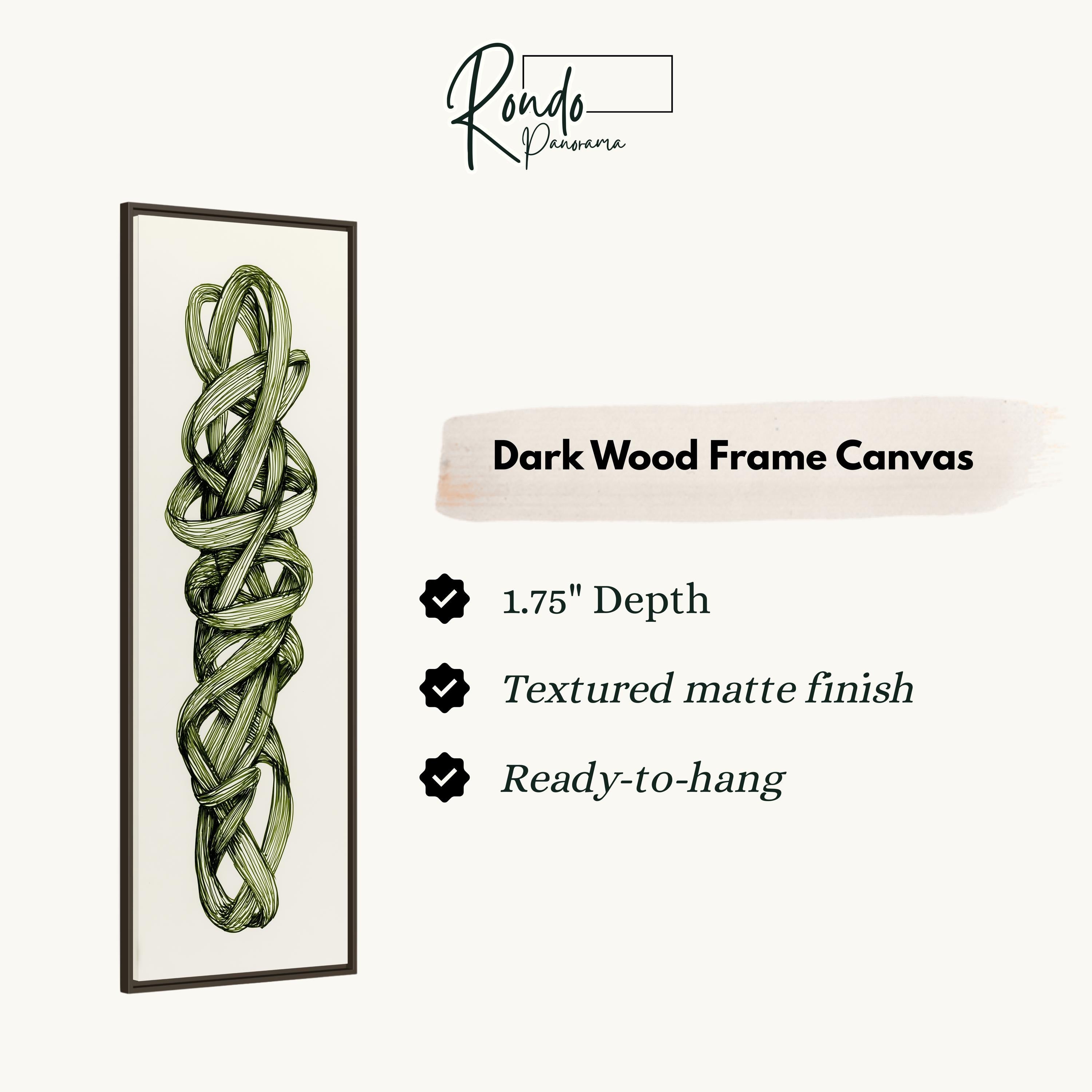The image is a product description for a dark wood frame canvas. It features a detailed illustration of a twisted, green rope-like design and provides information about the dimensions, finish, and hanging options.