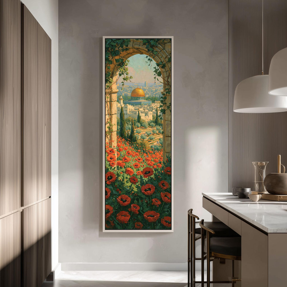 Jerusalem seen through an arch above red poppies tall skinny canvas print in a modern kitchen