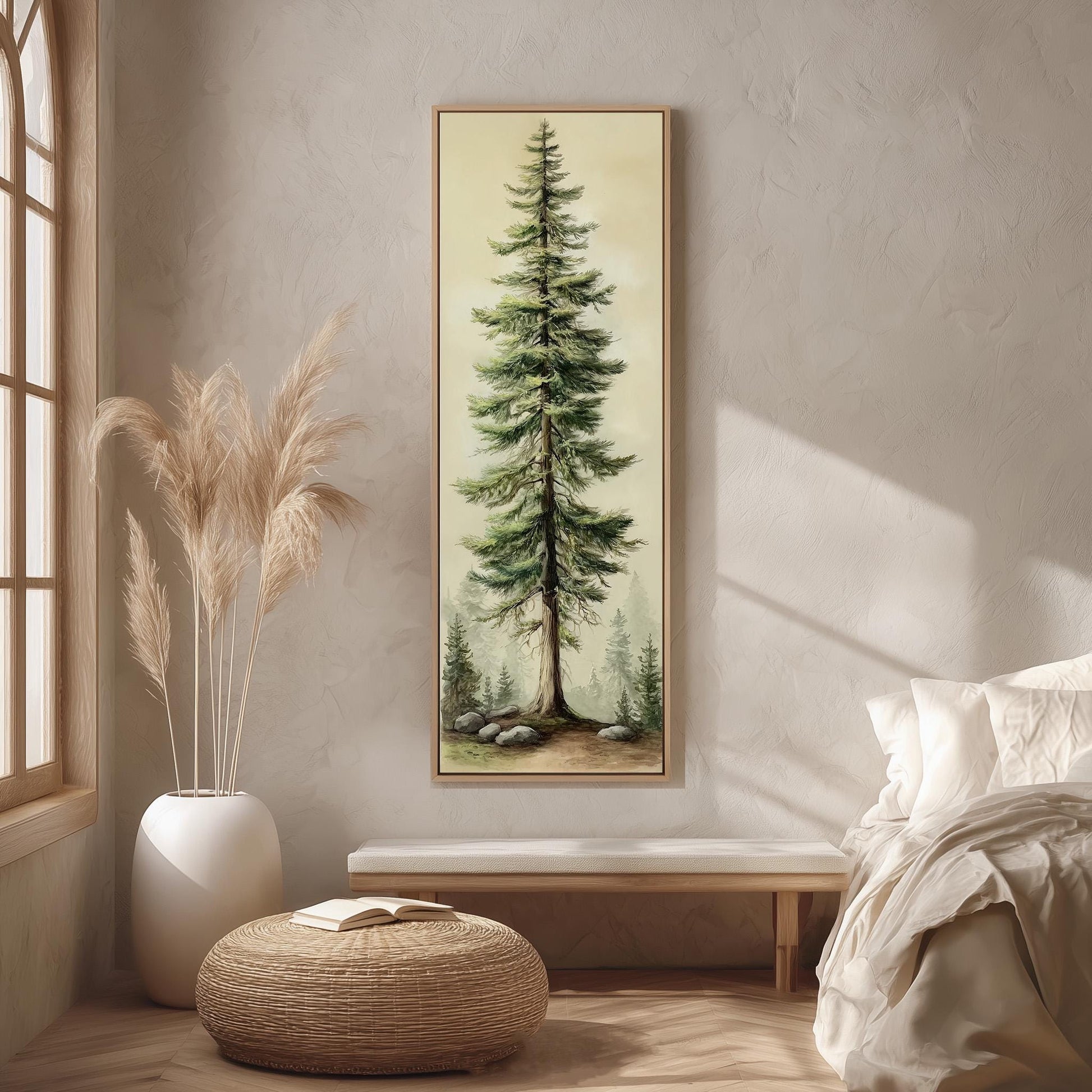a large painting of a tall pine tree hanging on a wall in a minimalist bedroom setting.