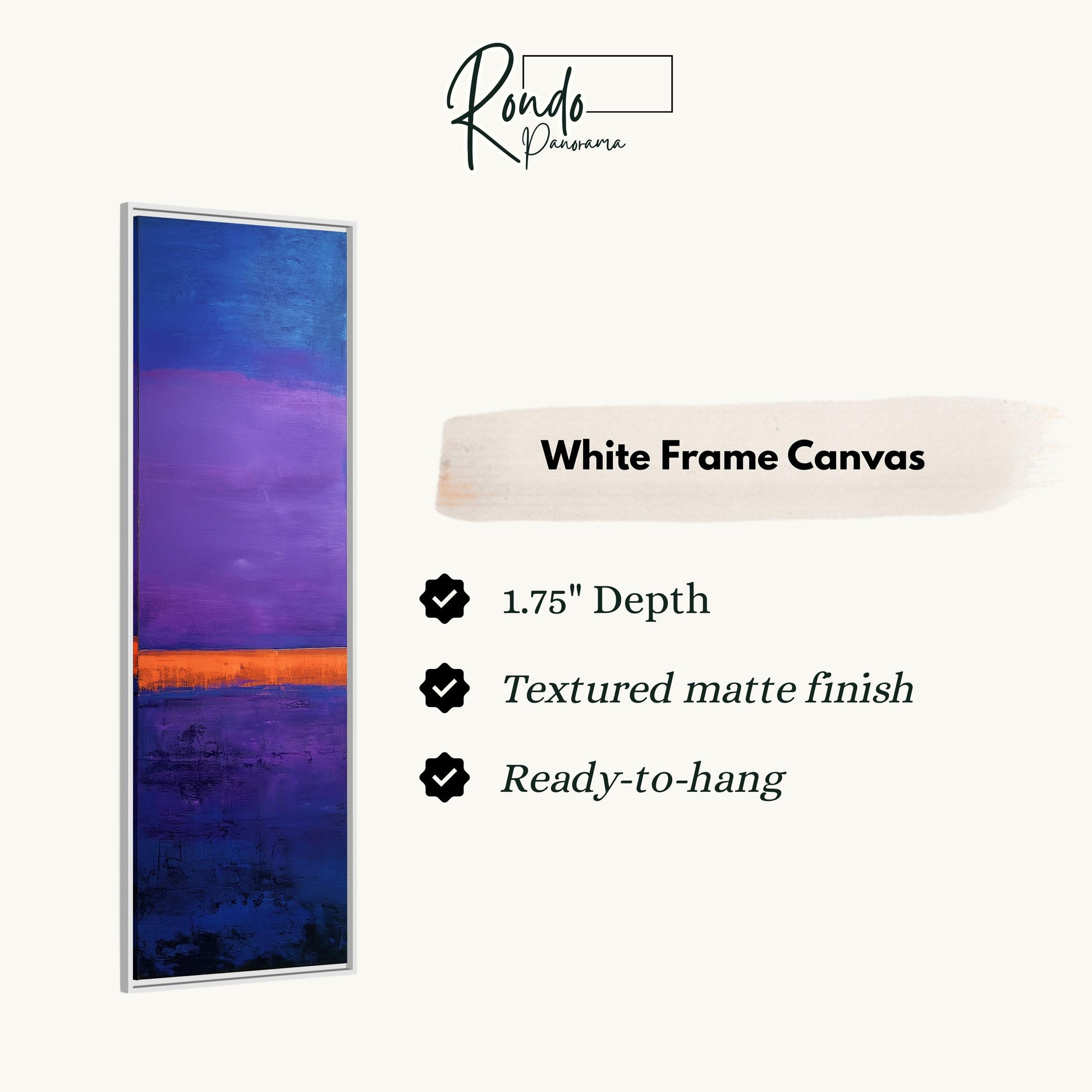 The image is a product description for a white frame canvas. It features a vertical painting with a purple and orange gradient background, and provides details about the product, including its dimensions, finish, and hanging capabilities.