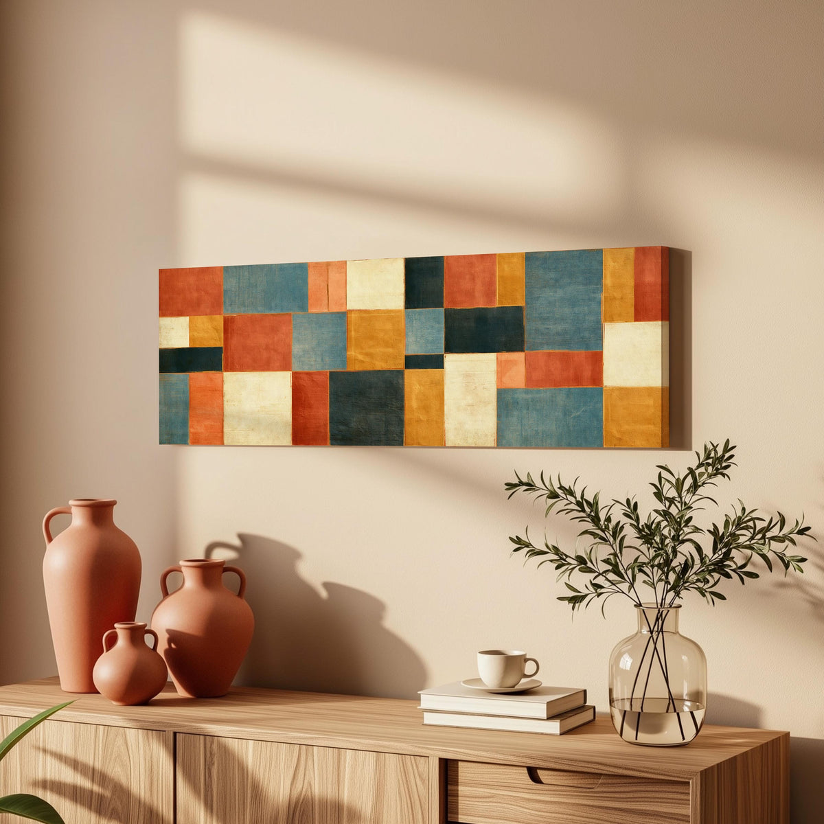 Rust, gold, navy and cream quilt blocks long horizontal canvas print above a wooden sideboard