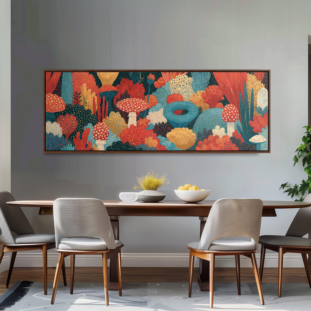 Mushroom and flower garden on teal long horizontal canvas print above a dining table