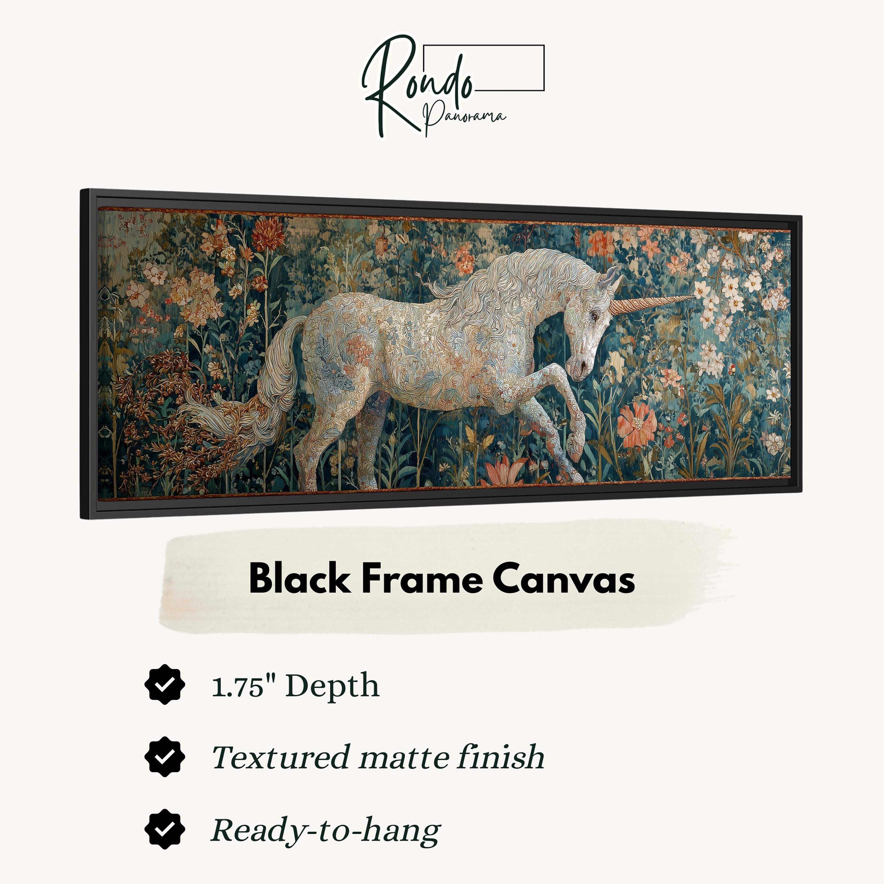 The image is a black frame canvas depicting a white unicorn in a lush, colorful garden.